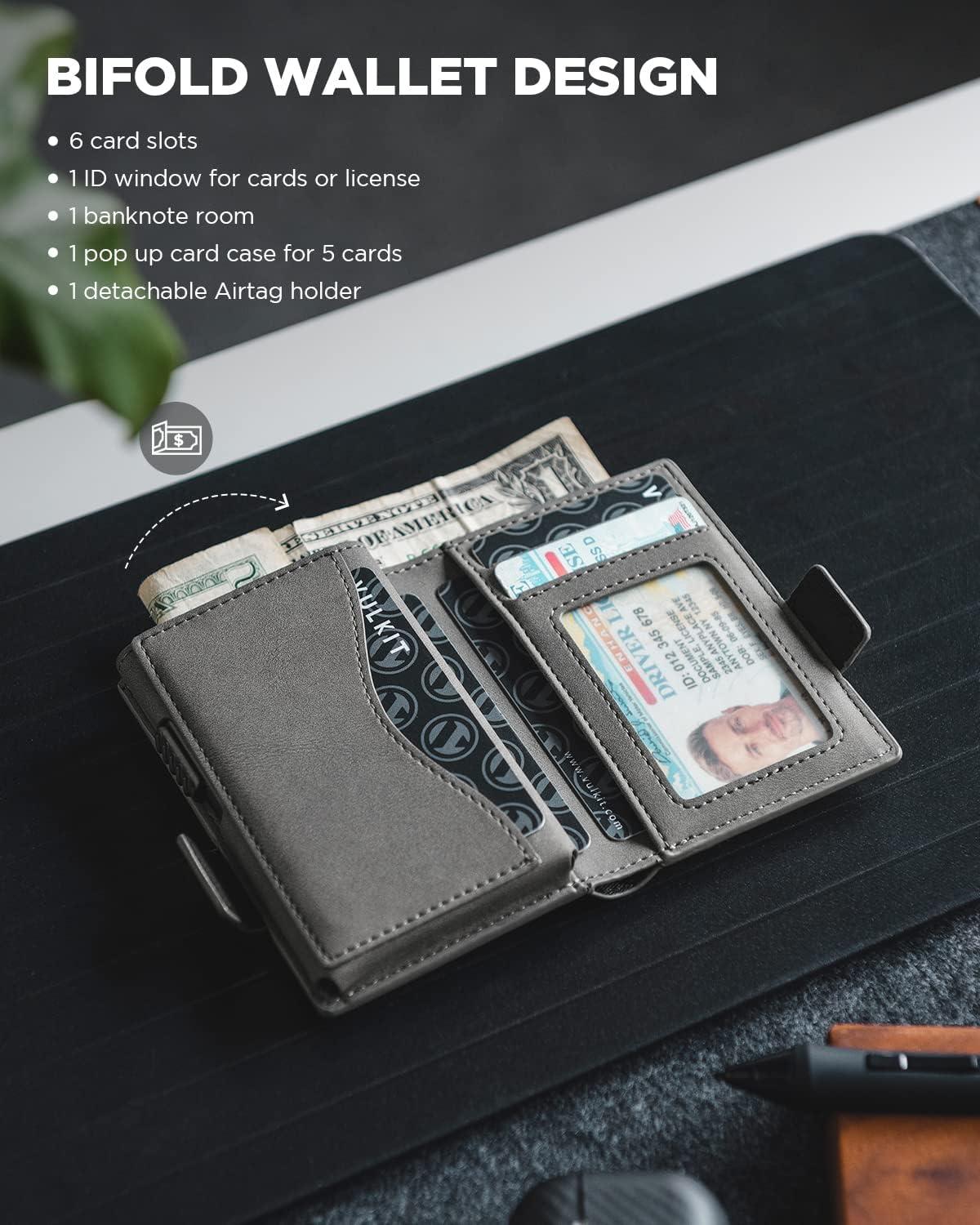 image:imageVULKIT Mens Wallet with Key Ring amp Airtag Holder Leather Pop Up Card Holder RFID Blocking Keychain Wallet Cash CompartmentGrey