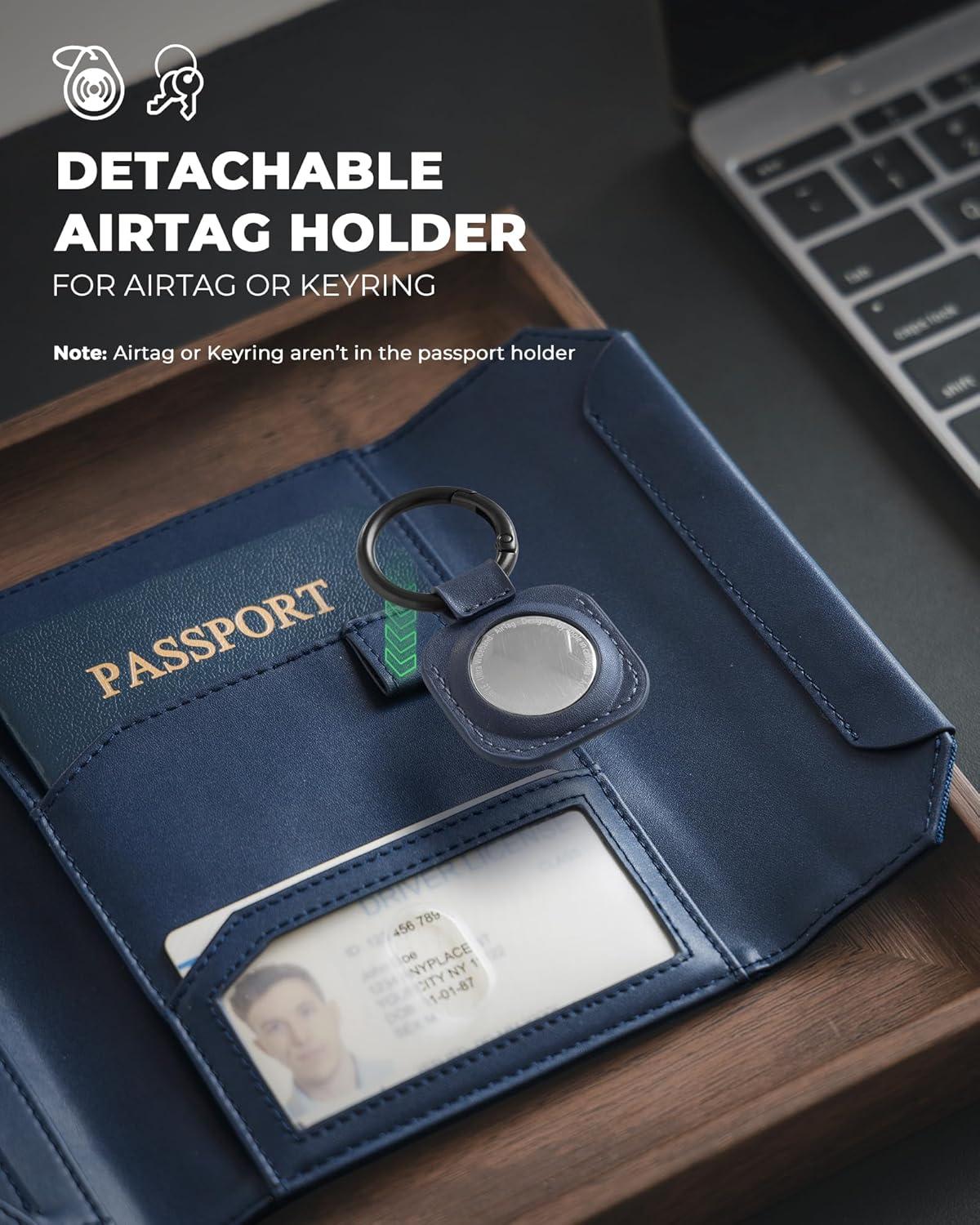 image:imageVULKIT Passport Wallet with Detachable AirTag Holder Vegan Leather Passport Holder RFID Blocking Travel Essential Magnetic Closure GreenBlue