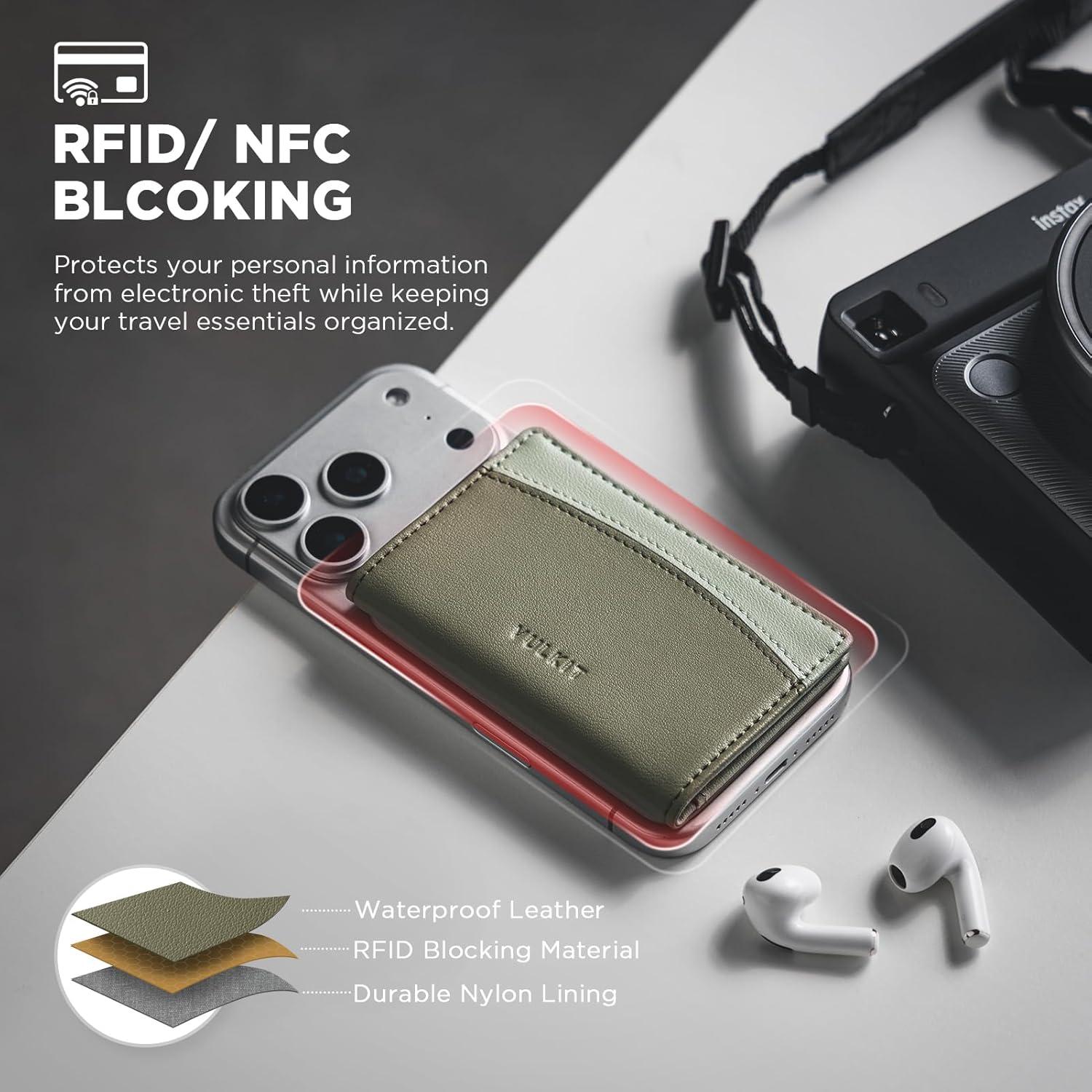 image:imageVULKIT Phone Card Holder Stick on Adhesive Credit Card Holder RFID Blocking Sticky Phone Wallet Compatible with iphone Leather Card Case for WomenGreen