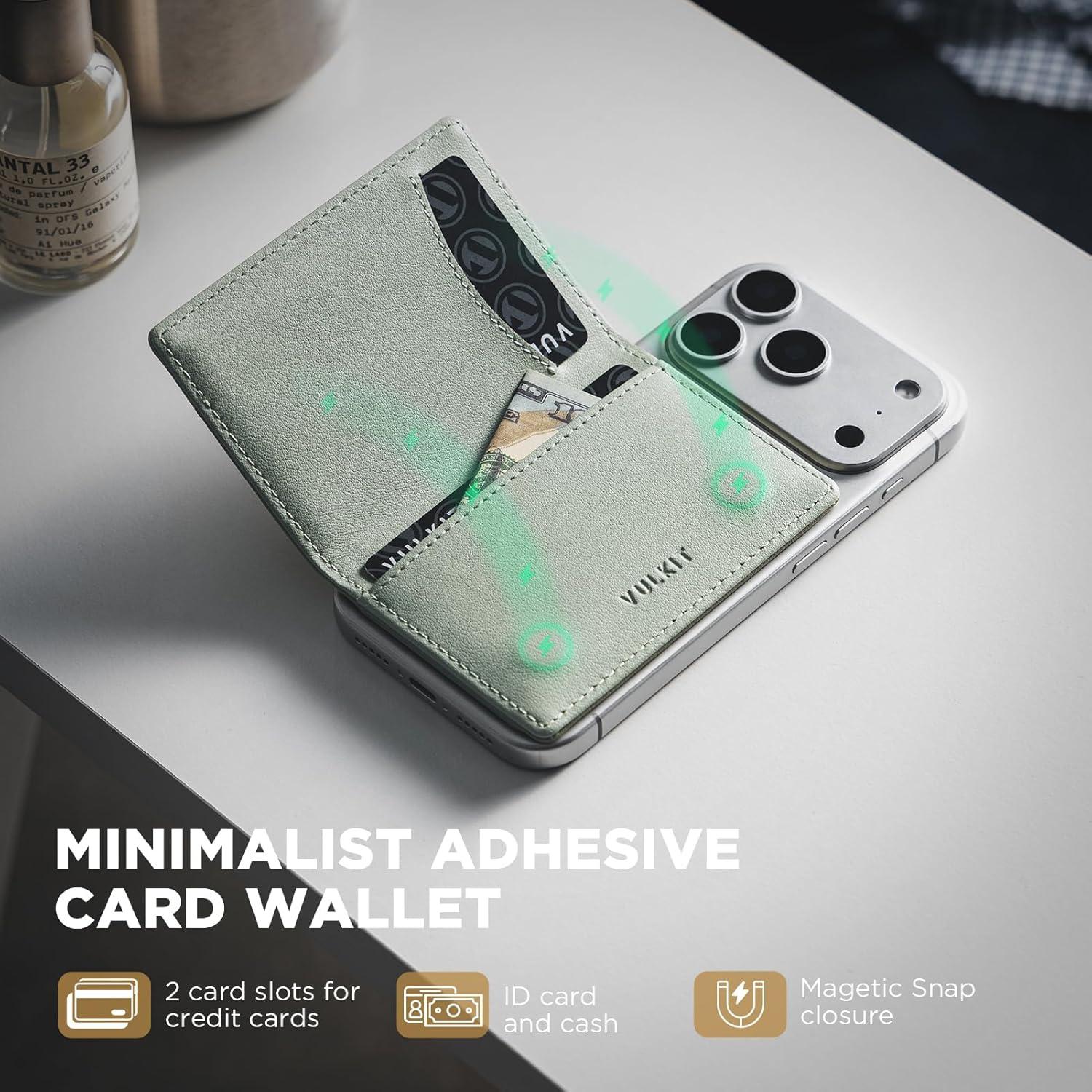 image:imageVULKIT Phone Card Holder Stick on Adhesive Credit Card Holder RFID Blocking Sticky Phone Wallet Compatible with iphone Leather Card Case for WomenGreen