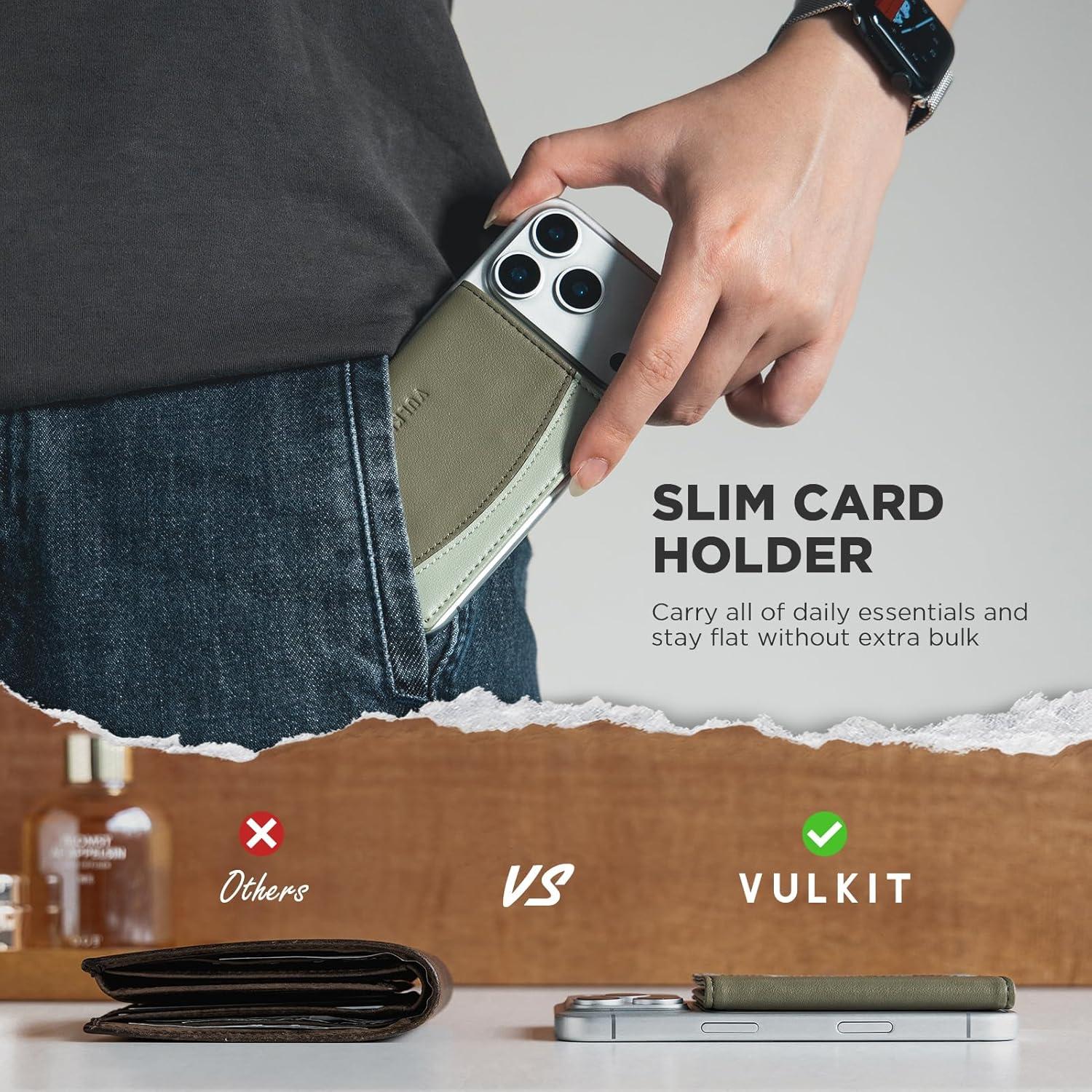 image:imageVULKIT Phone Card Holder Stick on Adhesive Credit Card Holder RFID Blocking Sticky Phone Wallet Compatible with iphone Leather Card Case for WomenGreen