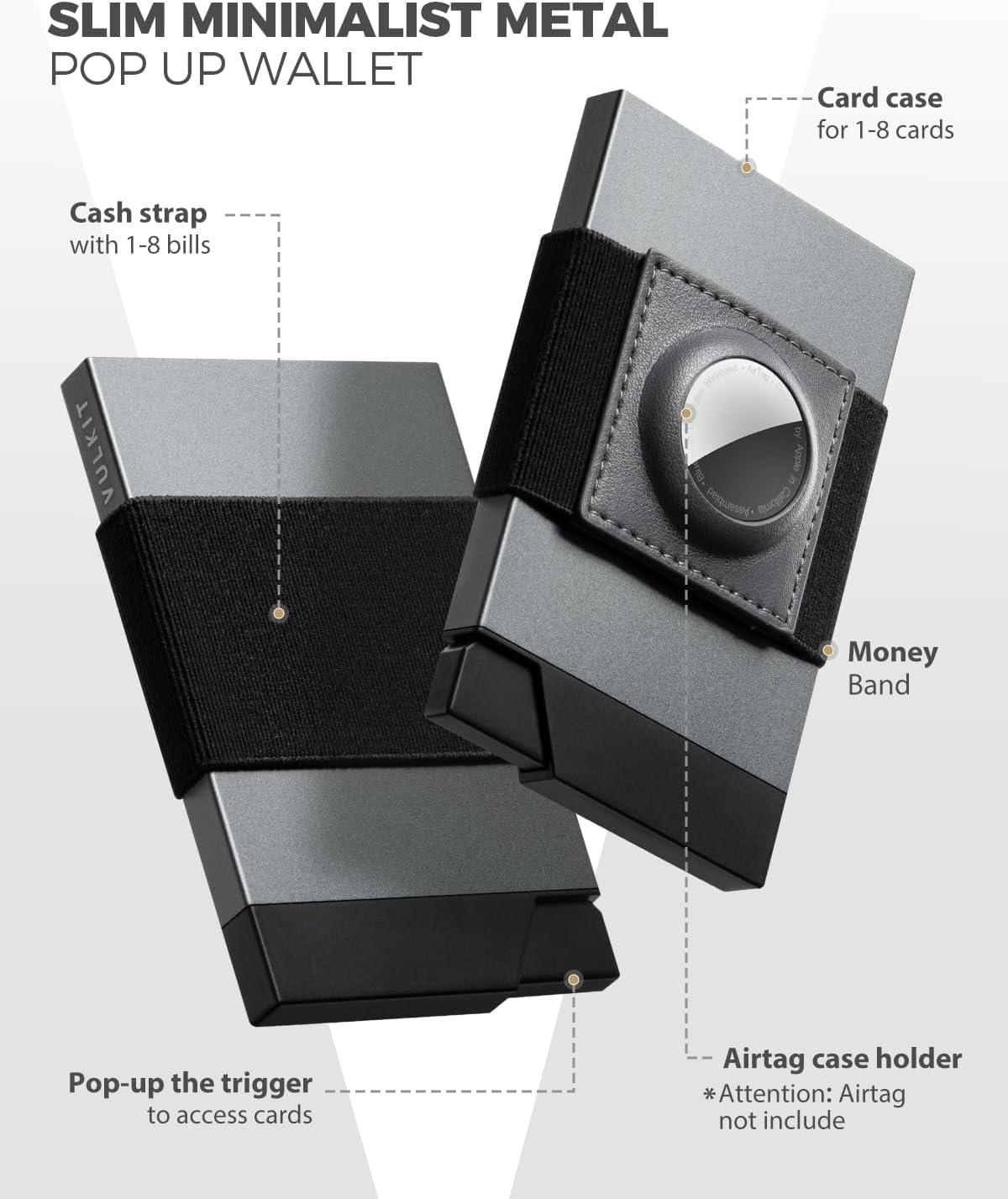 image:imageVULKIT Pop Up Card Holder With AirTag Holder Slim Aluminum Slide Wallet With Money Band and RFID Blocking Holds 12 Cards and Cash for Men and Women Space GreySpace Grey