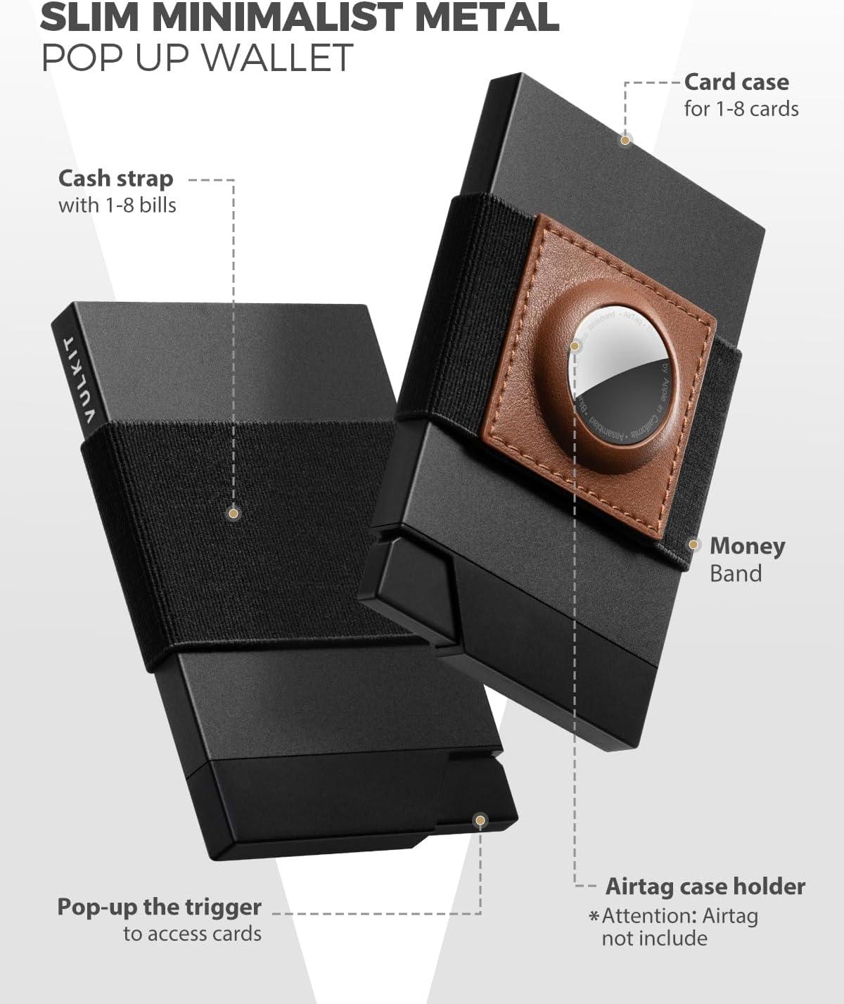 image:imageVULKIT Pop Up Card Holder With AirTag Holder Slim Aluminum Slide Wallet With Money Band and RFID Blocking Holds 12 Cards and Cash for Men and Women Space GreyBrown