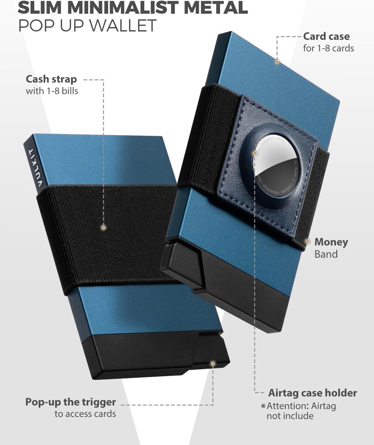 image:imageVULKIT Pop Up Card Holder With AirTag Holder Slim Aluminum Slide Wallet With Money Band and RFID Blocking Holds 12 Cards and Cash for Men and Women Space GreyNavy