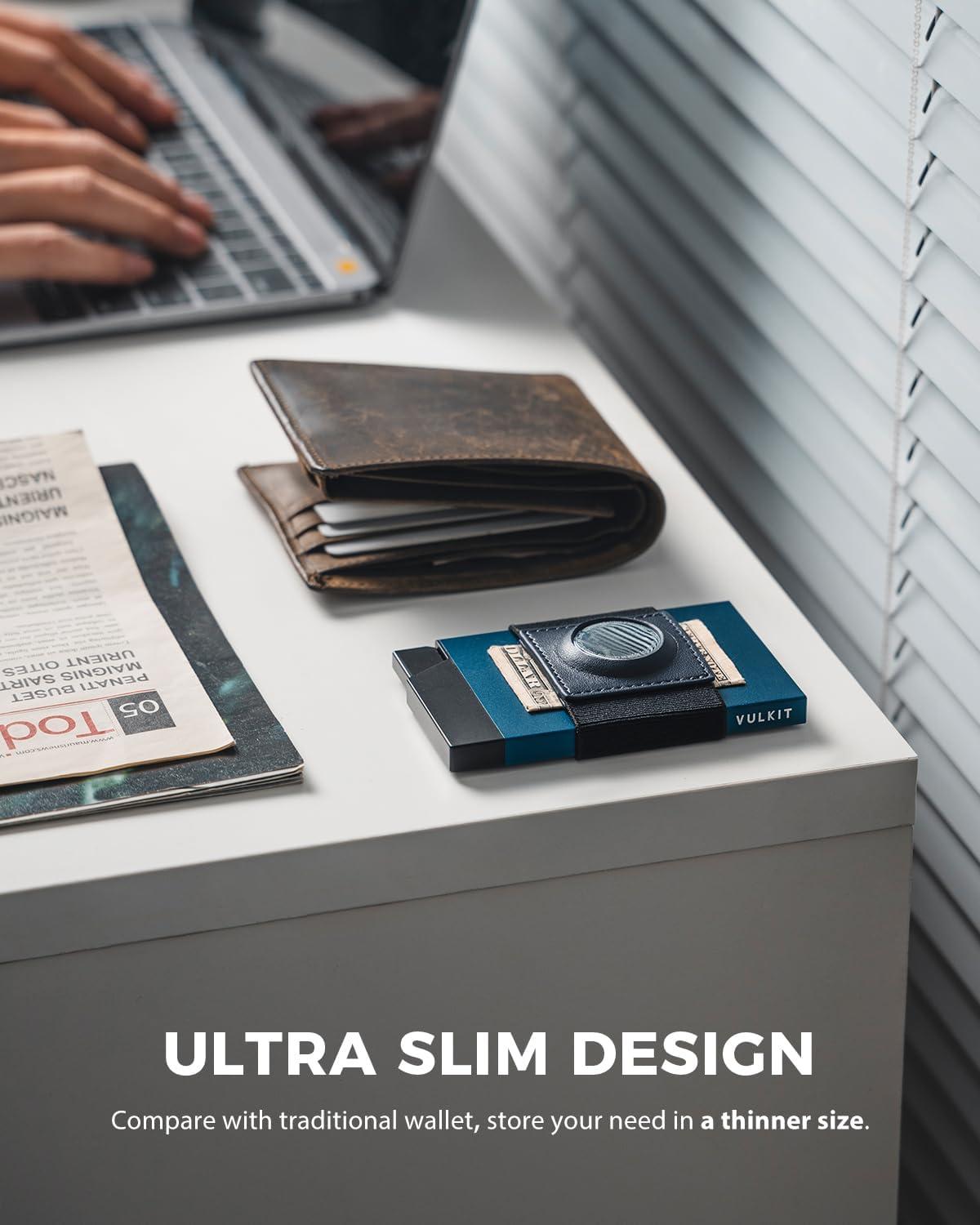 image:imageVULKIT Pop Up Card Holder With AirTag Holder Slim Aluminum Slide Wallet With Money Band and RFID Blocking Holds 12 Cards and Cash for Men and Women Space GreyNavy