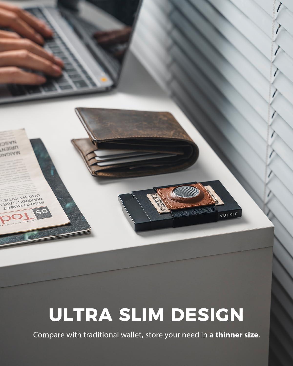image:imageVULKIT Pop Up Card Holder With AirTag Holder Slim Aluminum Slide Wallet With Money Band and RFID Blocking Holds 12 Cards and Cash for Men and Women Space GreyBrown