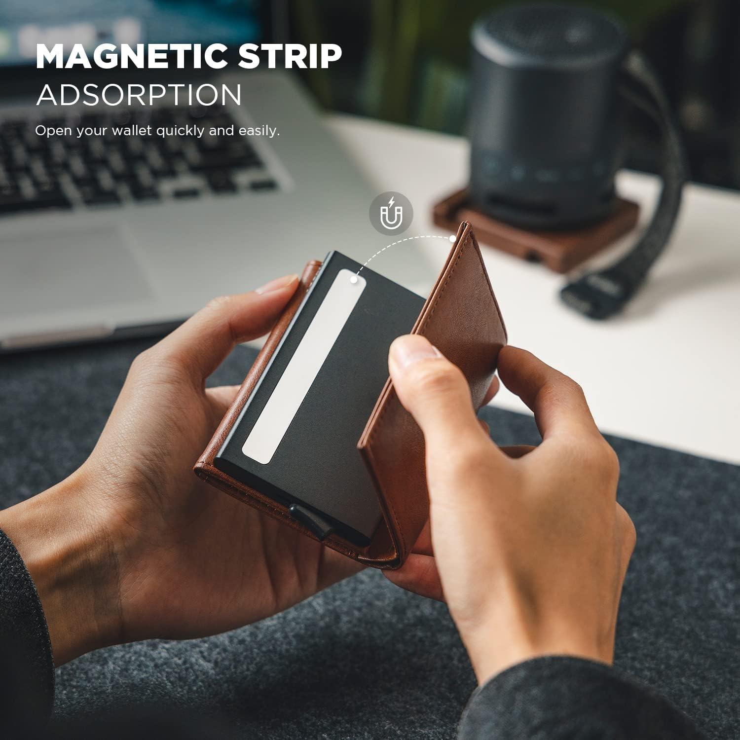 image:imageVULKIT Pop up Card Wallet Minimalist Cash Wallets RFID Blocking Leather Smart Credit Card Holder with ID window for MenBrown