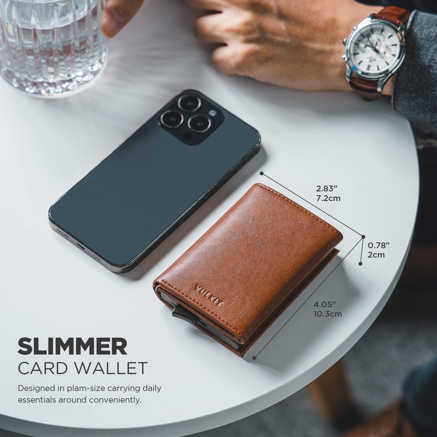 image:imageVULKIT Pop up Card Wallet Minimalist Cash Wallets RFID Blocking Leather Smart Credit Card Holder with ID window for MenBrown