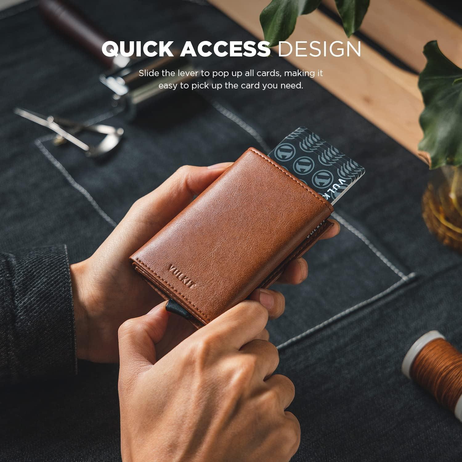 image:imageVULKIT Pop up Card Wallet Minimalist Cash Wallets RFID Blocking Leather Smart Credit Card Holder with ID window for MenBrown