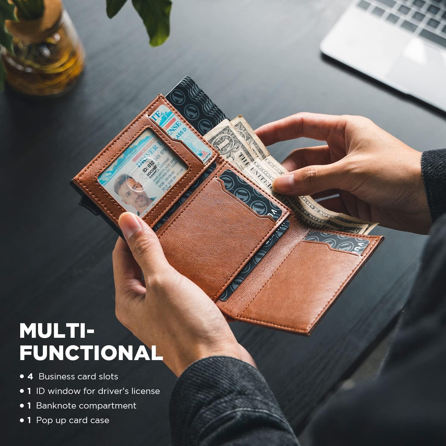 image:imageVULKIT Pop up Card Wallet Minimalist Cash Wallets RFID Blocking Leather Smart Credit Card Holder with ID window for MenBrown