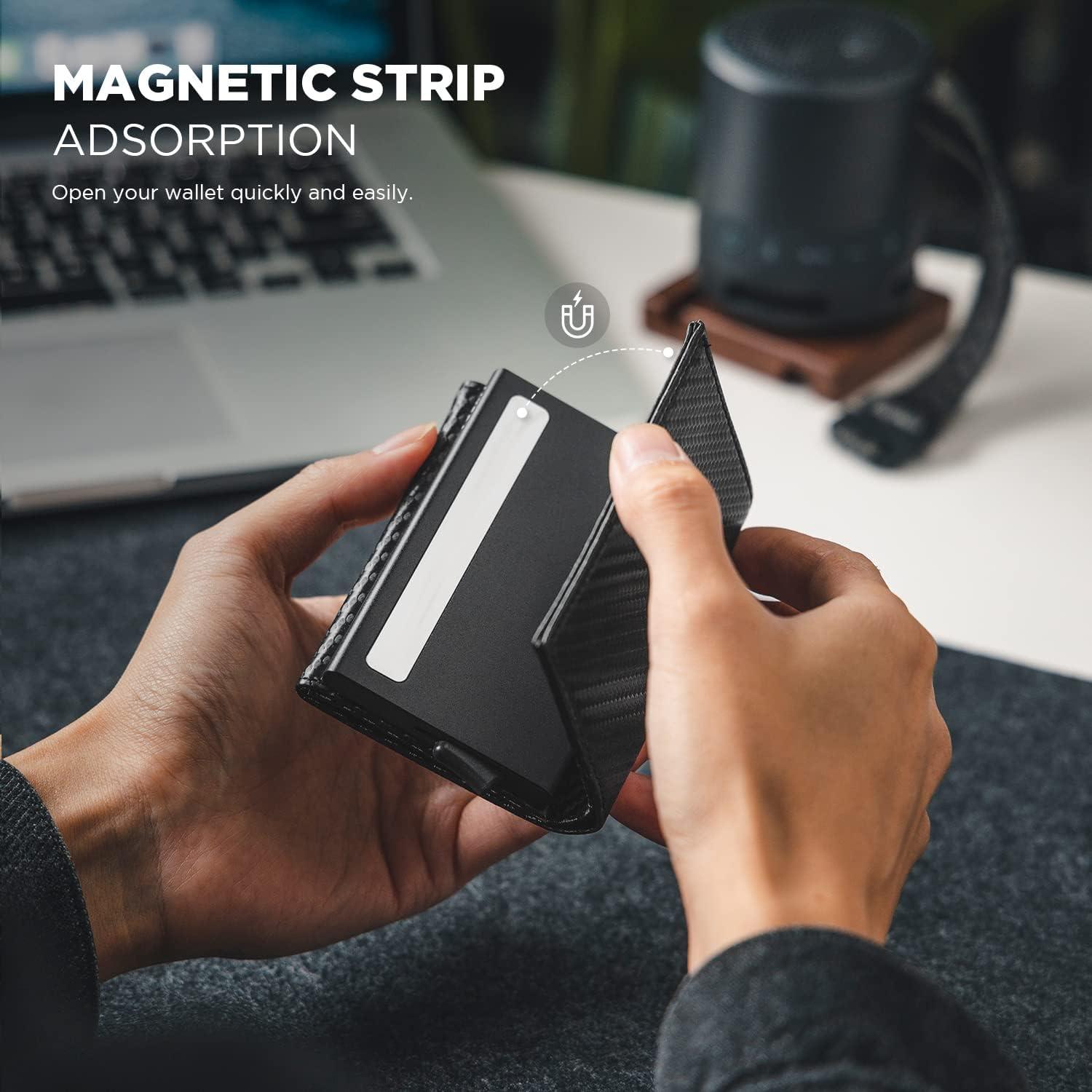 image:imageVULKIT Pop up Card Wallet Minimalist Cash Wallets RFID Blocking Leather Smart Credit Card Holder with ID window for MenCarbon Black