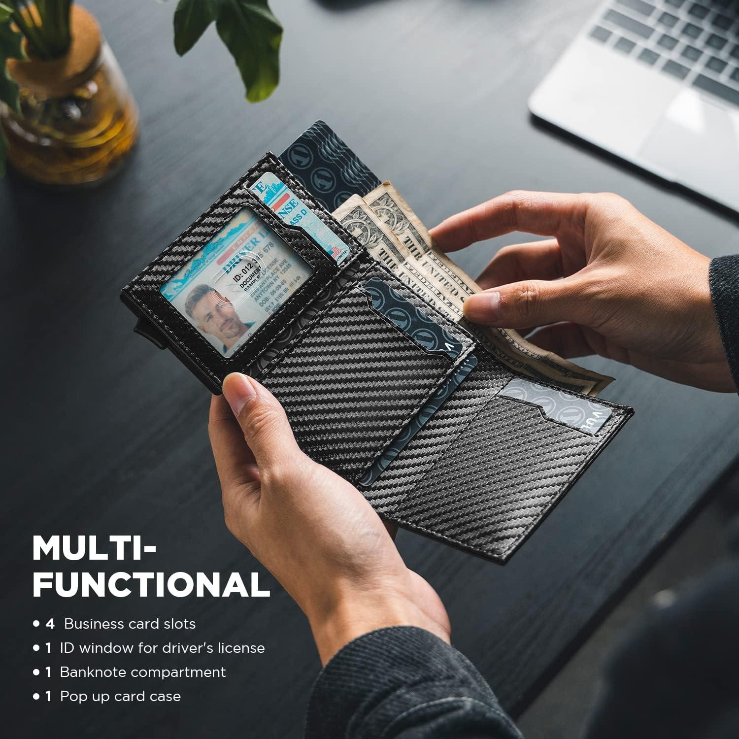 image:imageVULKIT Pop up Card Wallet Minimalist Cash Wallets RFID Blocking Leather Smart Credit Card Holder with ID window for MenCarbon Black