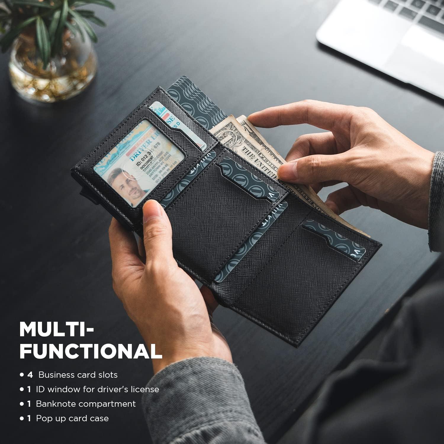 image:imageVULKIT Pop up Card Wallet Minimalist Cash Wallets RFID Blocking Leather Smart Credit Card Holder with ID window for MenCrossBlack