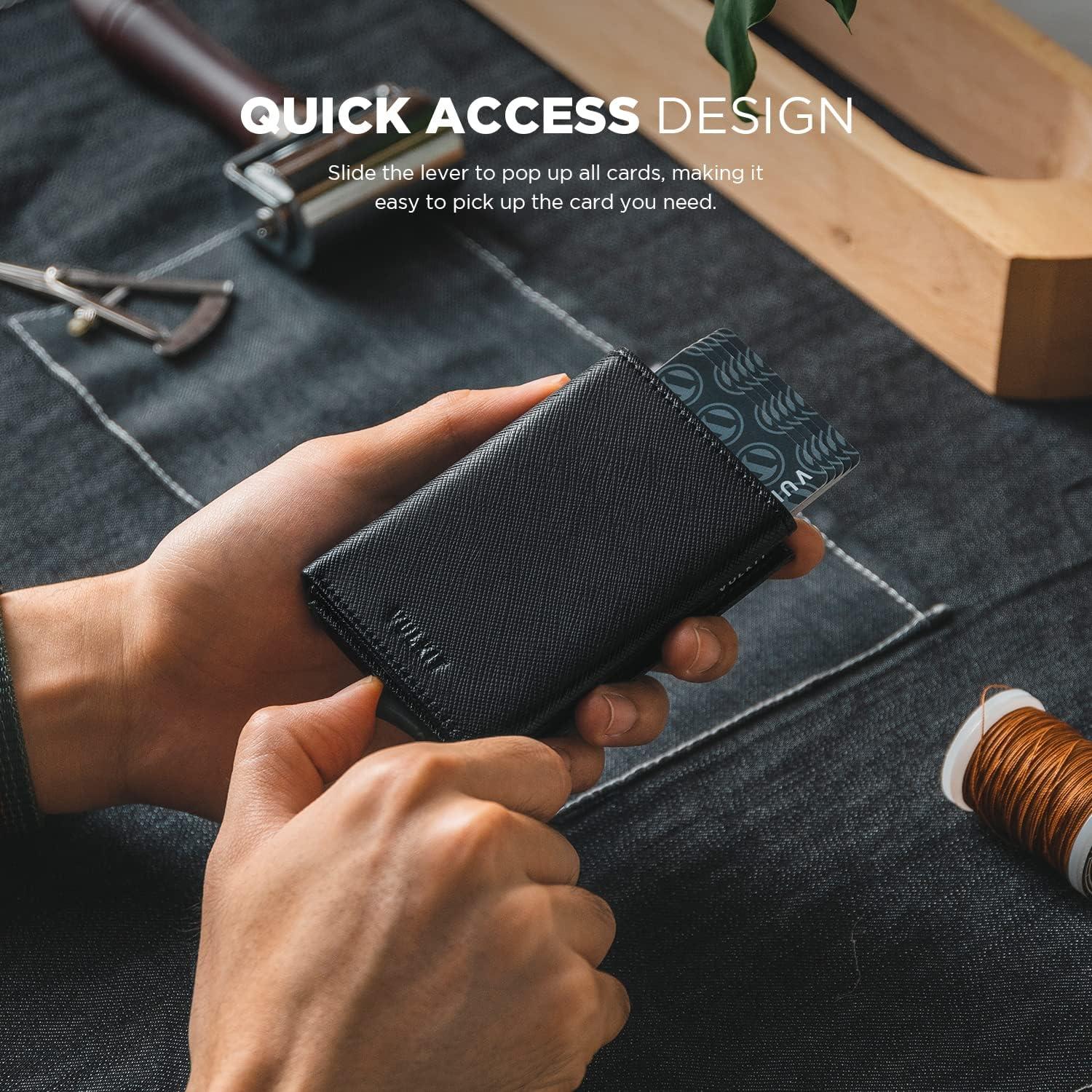 image:imageVULKIT Pop up Card Wallet Minimalist Cash Wallets RFID Blocking Leather Smart Credit Card Holder with ID window for MenCrossBlack