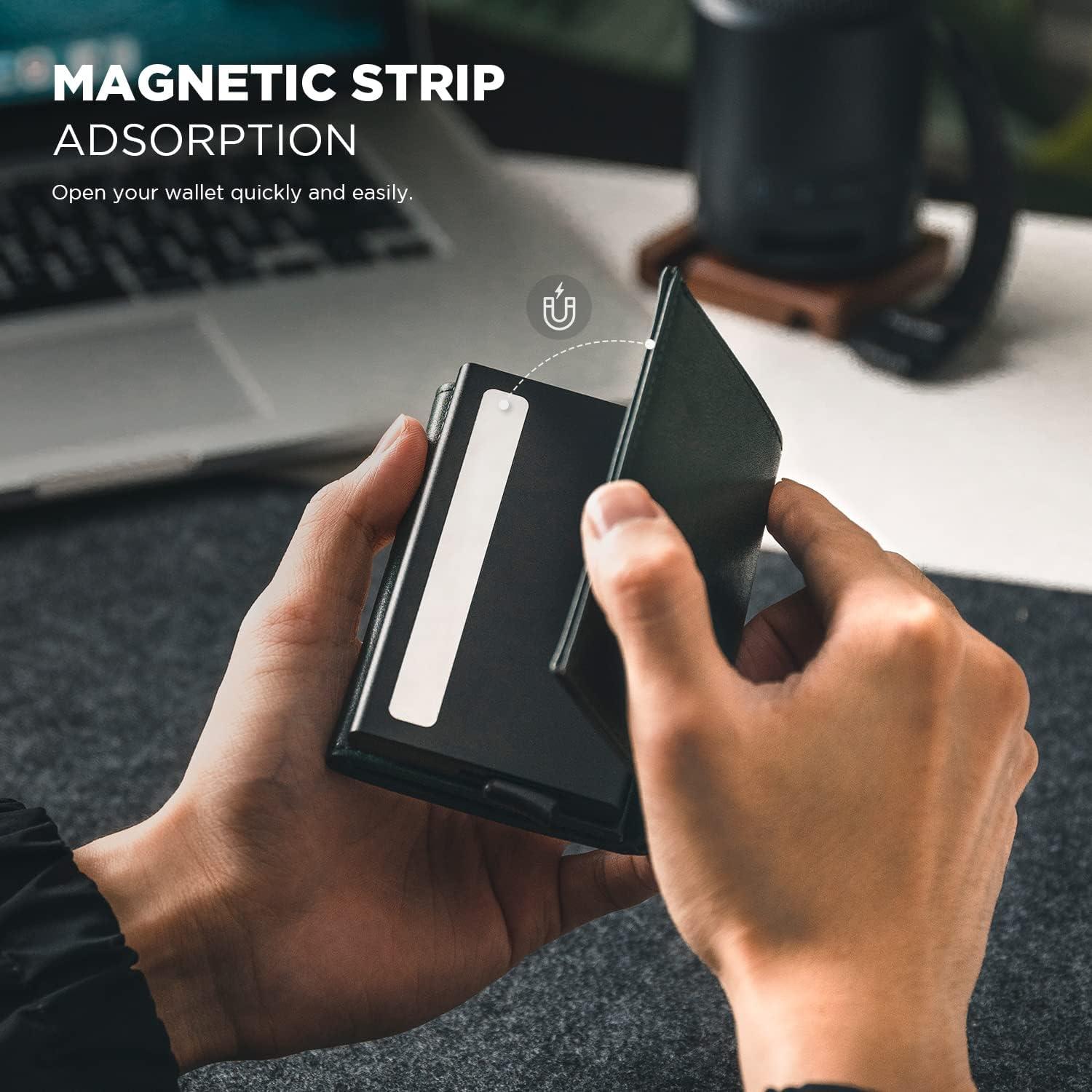 image:imageVULKIT Pop up Card Wallet Minimalist Cash Wallets RFID Blocking Leather Smart Credit Card Holder with ID window for MenGreen