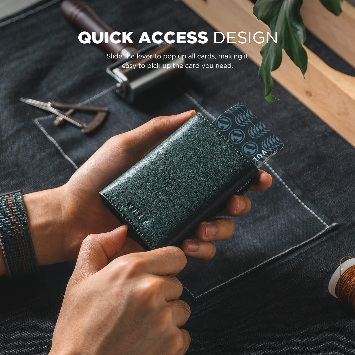 image:imageVULKIT Pop up Card Wallet Minimalist Cash Wallets RFID Blocking Leather Smart Credit Card Holder with ID window for MenGreen