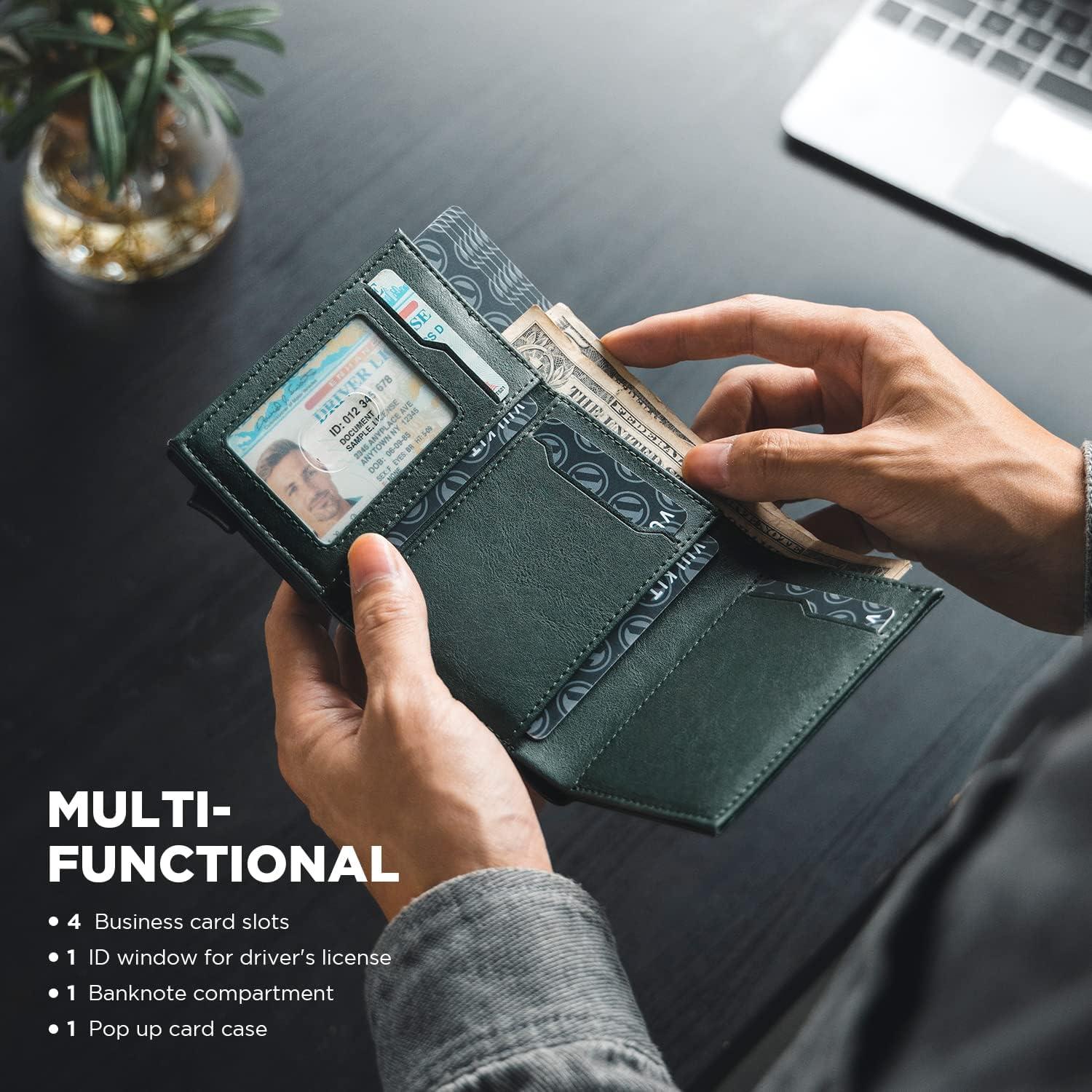 image:imageVULKIT Pop up Card Wallet Minimalist Cash Wallets RFID Blocking Leather Smart Credit Card Holder with ID window for MenGreen
