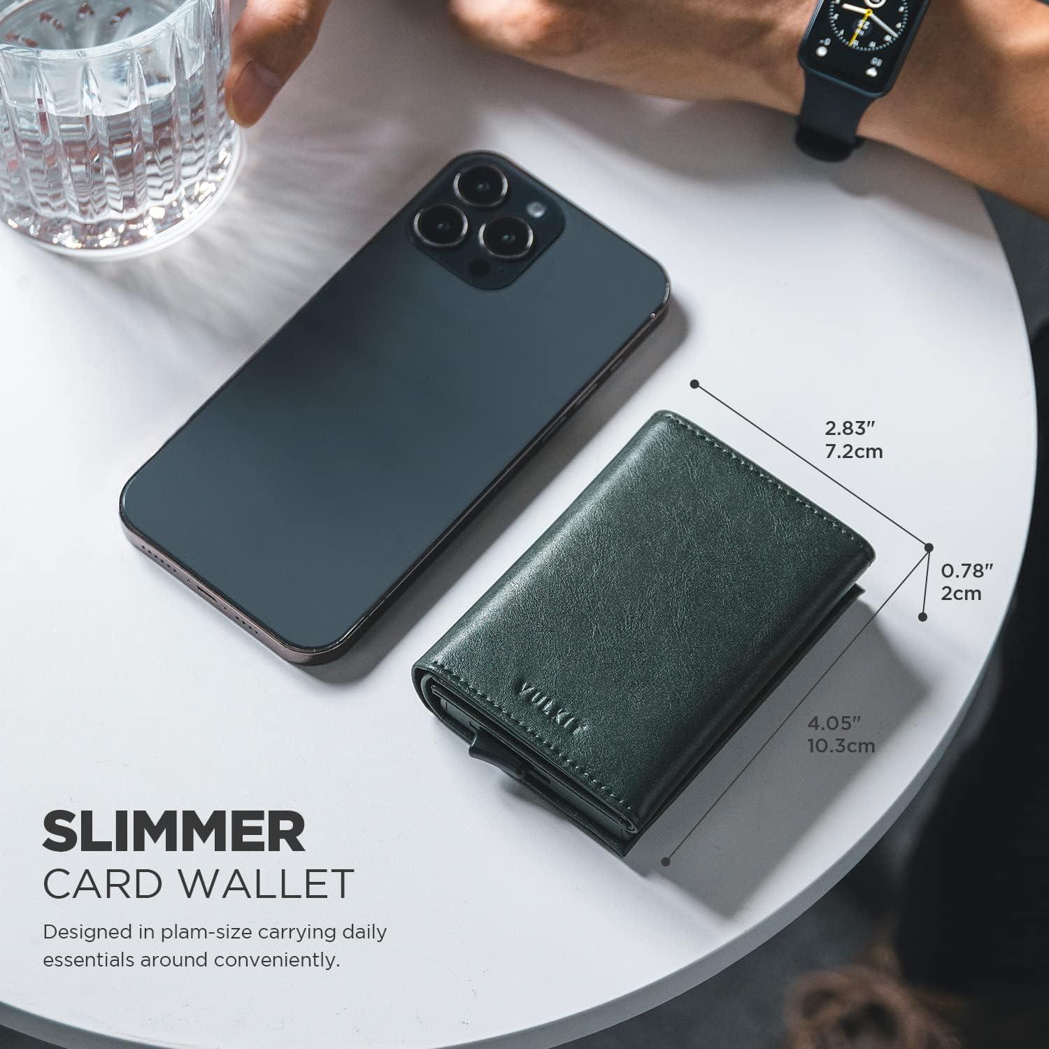 image:imageVULKIT Pop up Card Wallet Minimalist Cash Wallets RFID Blocking Leather Smart Credit Card Holder with ID window for MenGreen