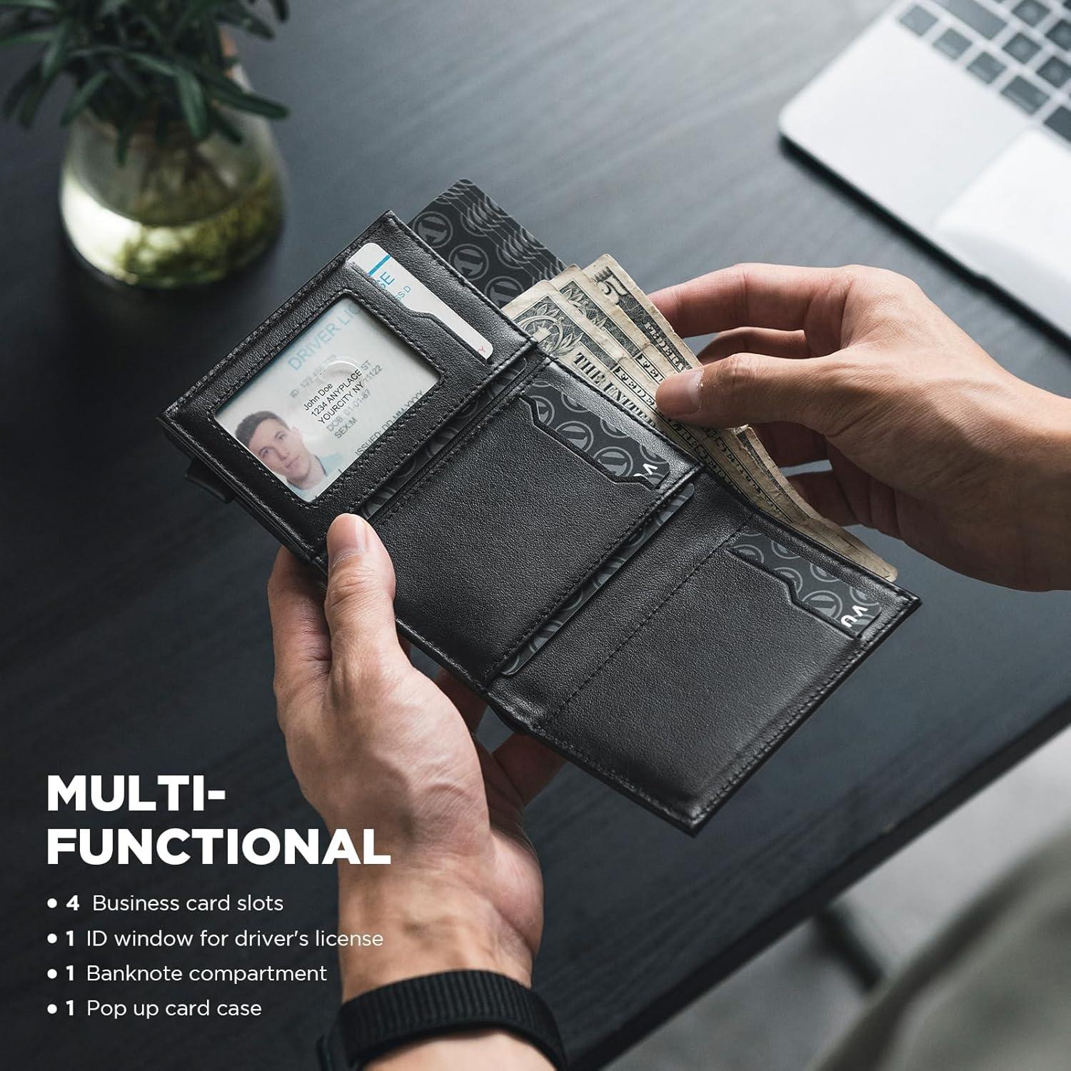 image:imageVULKIT Pop up Card Wallet Minimalist Cash Wallets RFID Blocking Leather Smart Credit Card Holder with ID window for MenTopGrain Cowhide Black