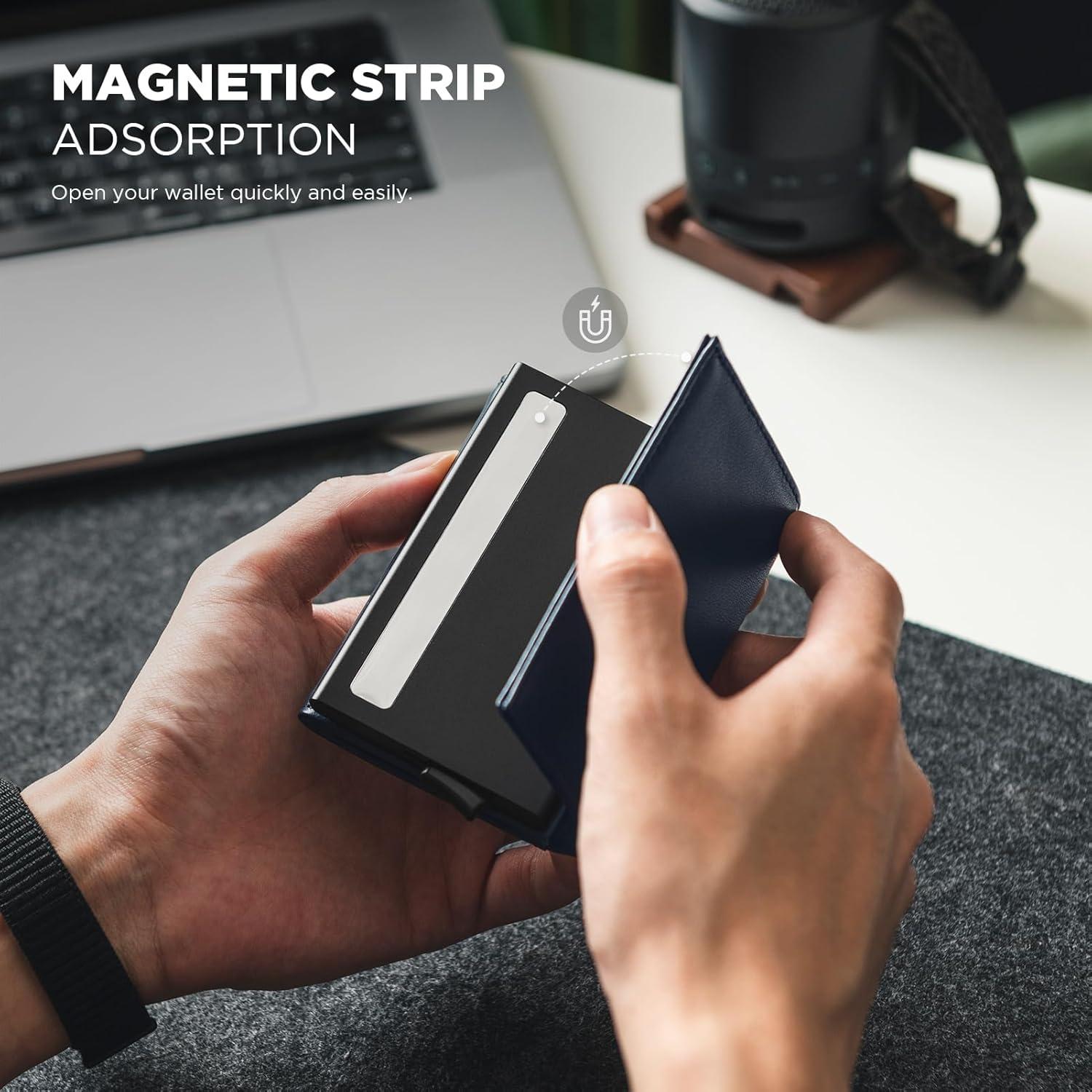 image:imageVULKIT Pop up Card Wallet Minimalist Cash Wallets RFID Blocking Leather Smart Credit Card Holder with ID window for MenTopGrain Cowhide Blue