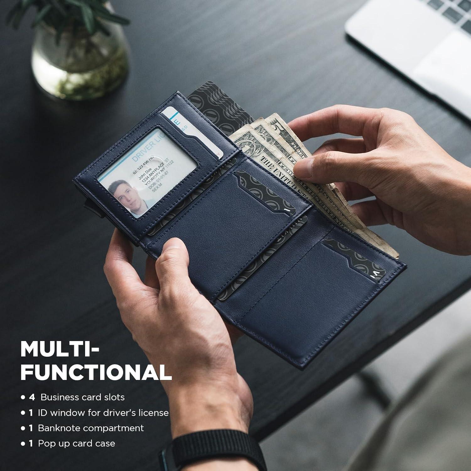 image:imageVULKIT Pop up Card Wallet Minimalist Cash Wallets RFID Blocking Leather Smart Credit Card Holder with ID window for MenTopGrain Cowhide Blue