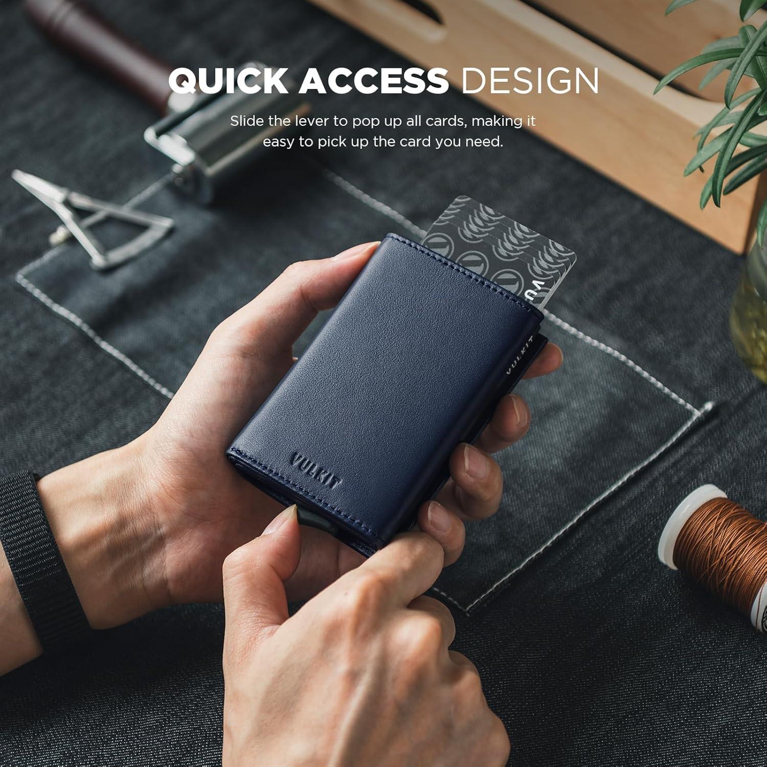 image:imageVULKIT Pop up Card Wallet Minimalist Cash Wallets RFID Blocking Leather Smart Credit Card Holder with ID window for MenTopGrain Cowhide Blue
