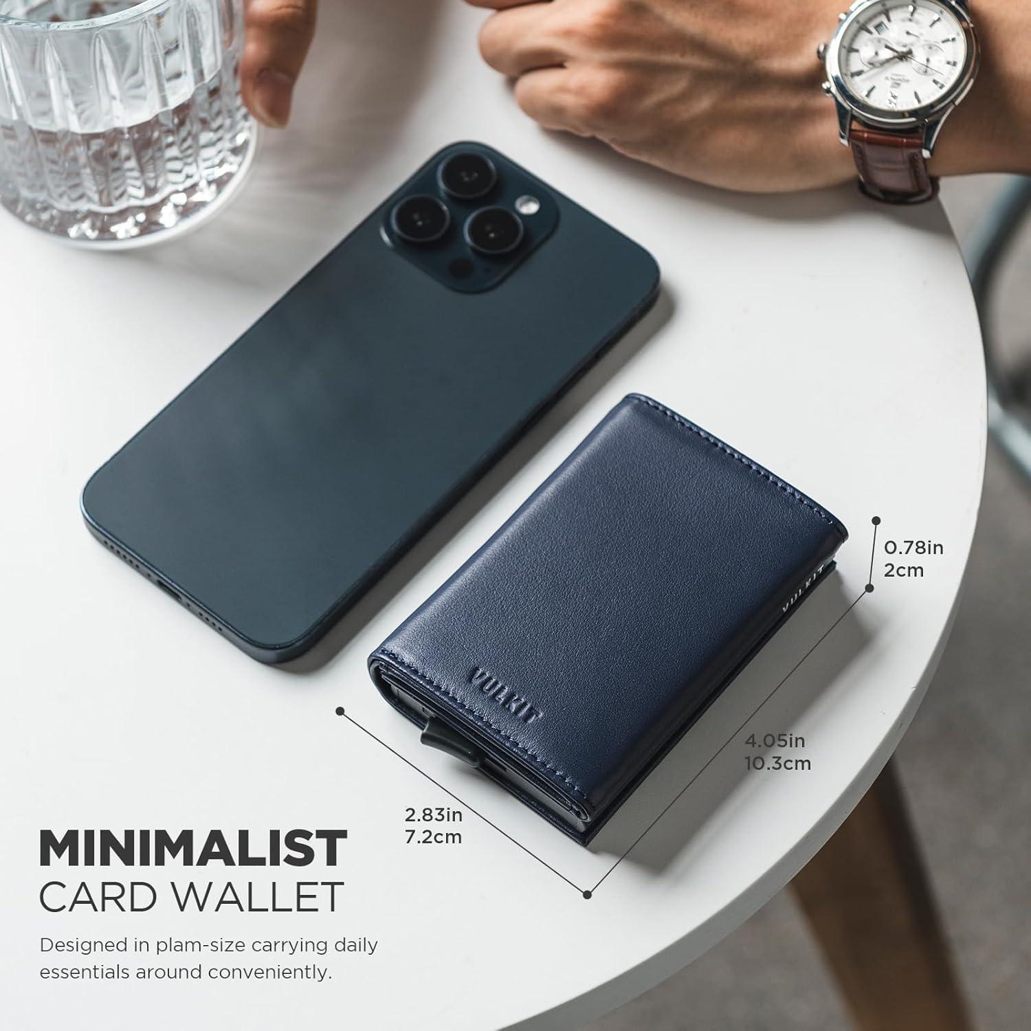 image:imageVULKIT Pop up Card Wallet Minimalist Cash Wallets RFID Blocking Leather Smart Credit Card Holder with ID window for MenTopGrain Cowhide Blue