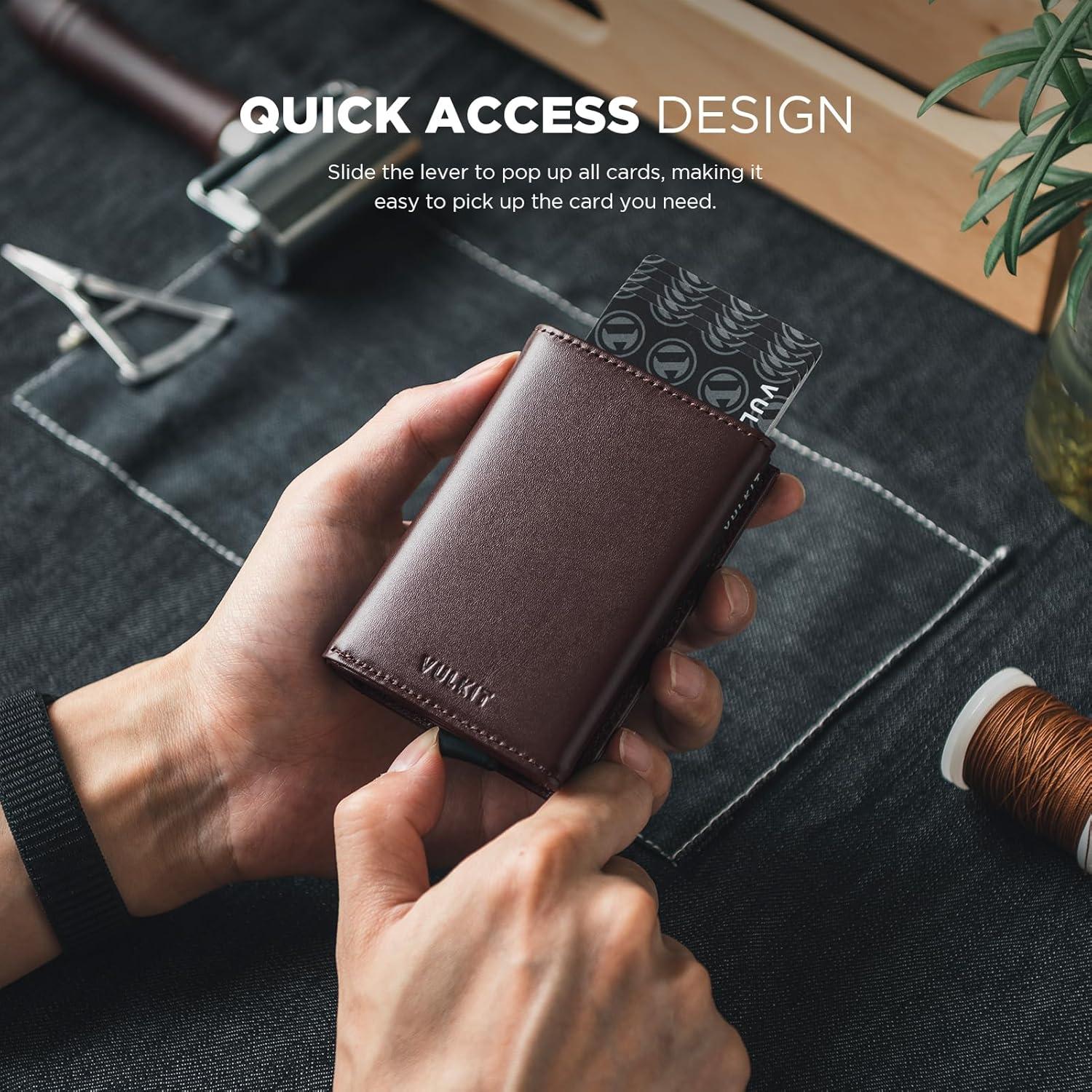image:imageVULKIT Pop up Card Wallet Minimalist Cash Wallets RFID Blocking Leather Smart Credit Card Holder with ID window for MenTopGrain Cowhide Epresso