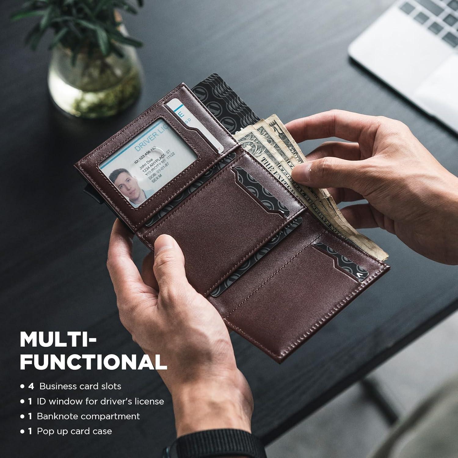 image:imageVULKIT Pop up Card Wallet Minimalist Cash Wallets RFID Blocking Leather Smart Credit Card Holder with ID window for MenTopGrain Cowhide Epresso