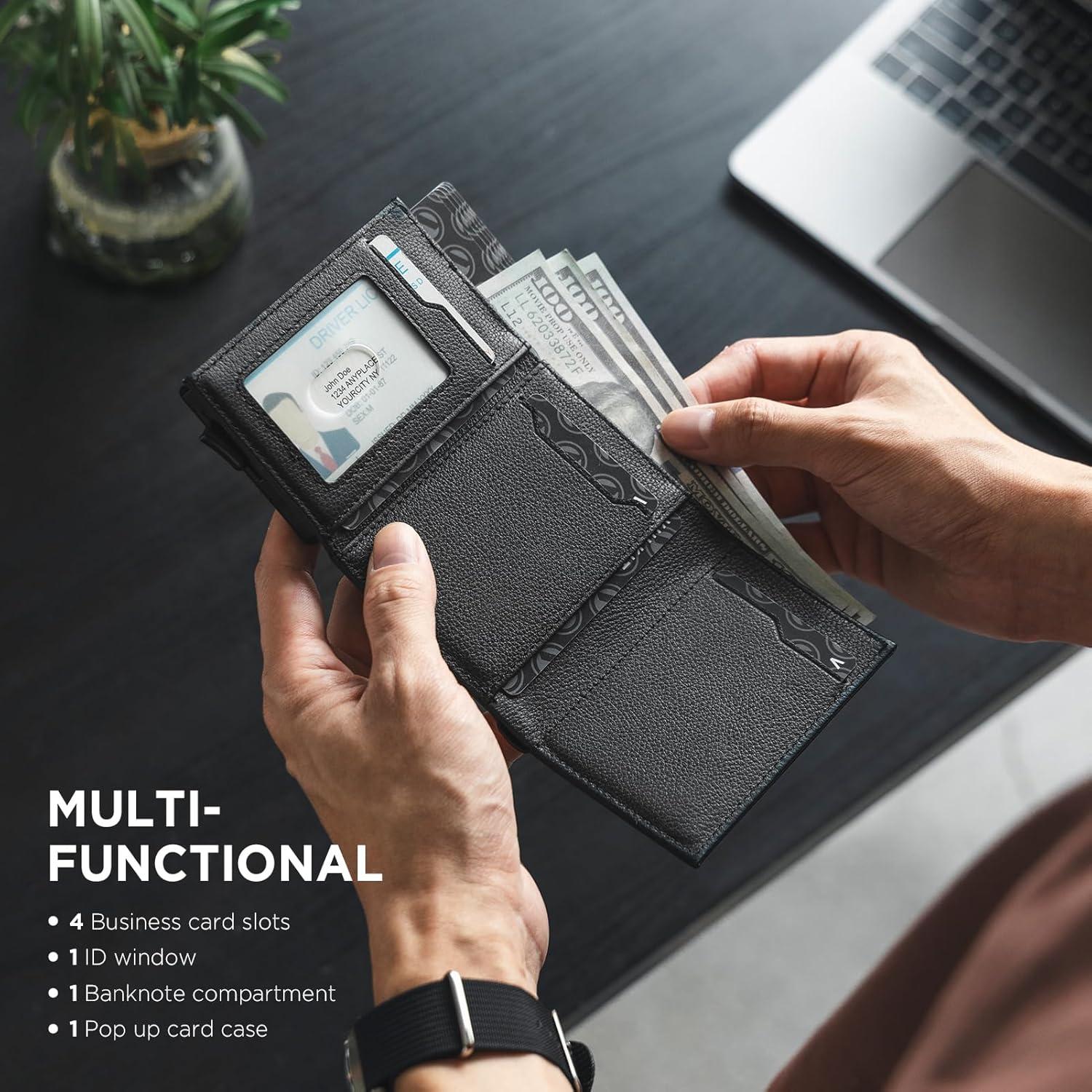 image:imageVULKIT Pop up Card Wallet Minimalist Cash Wallets RFID Blocking Leather Smart Credit Card Holder with ID window for MenTopGrain Cowhide Litchi Black