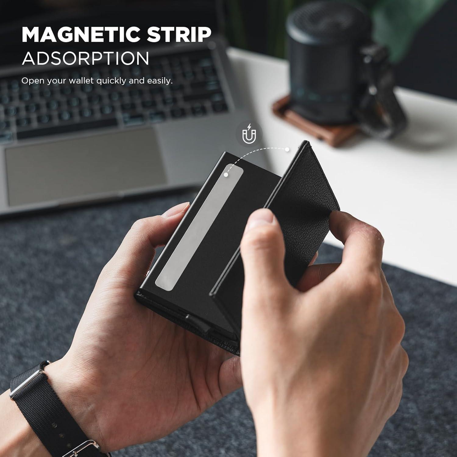 image:imageVULKIT Pop up Card Wallet Minimalist Cash Wallets RFID Blocking Leather Smart Credit Card Holder with ID window for MenTopGrain Cowhide Litchi Black