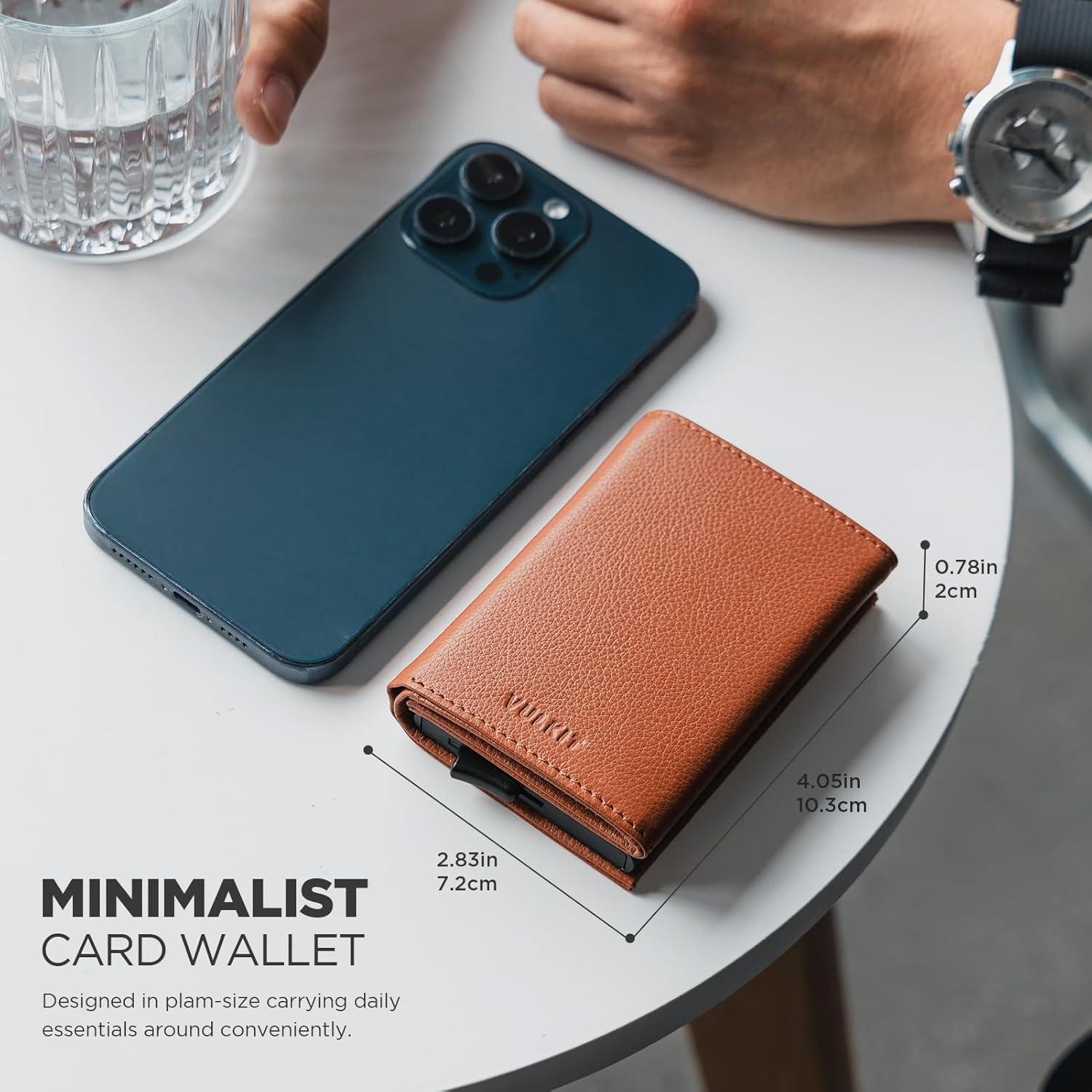 image:imageVULKIT Pop up Card Wallet Minimalist Cash Wallets RFID Blocking Leather Smart Credit Card Holder with ID window for MenTopGrain Cowhide Litchi Brown
