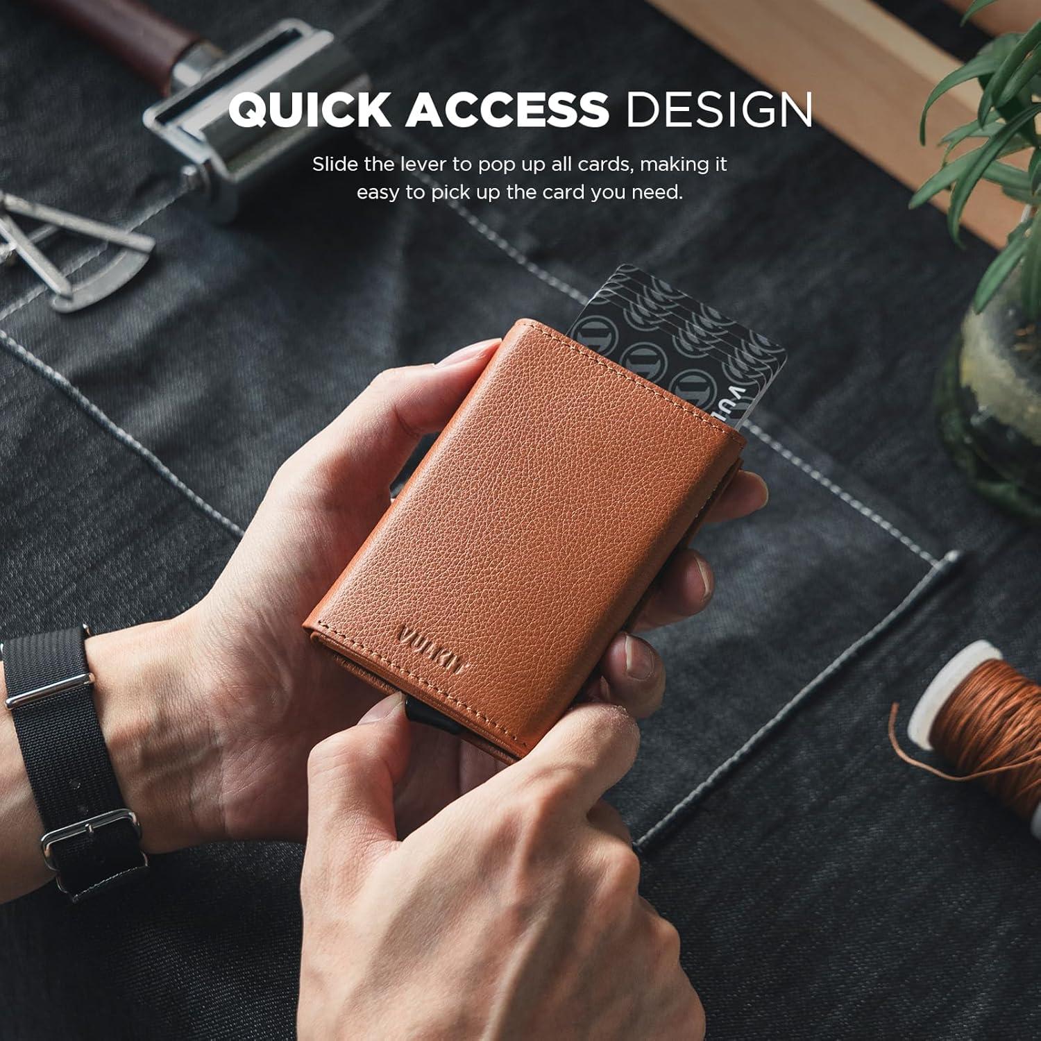 image:imageVULKIT Pop up Card Wallet Minimalist Cash Wallets RFID Blocking Leather Smart Credit Card Holder with ID window for MenTopGrain Cowhide Litchi Brown