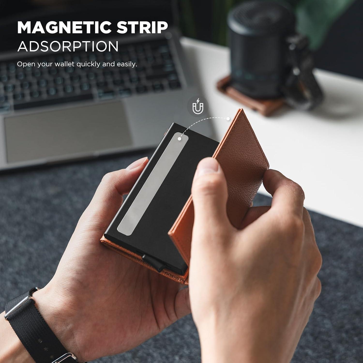 image:imageVULKIT Pop up Card Wallet Minimalist Cash Wallets RFID Blocking Leather Smart Credit Card Holder with ID window for MenTopGrain Cowhide Litchi Brown