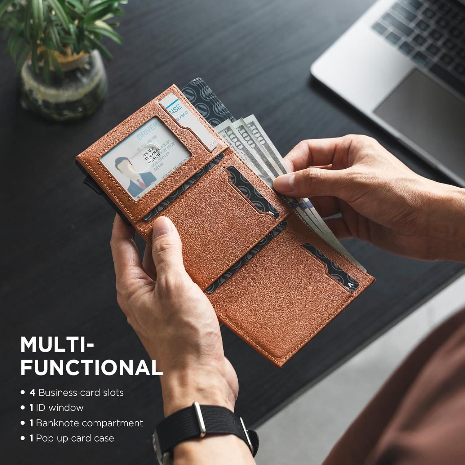 image:imageVULKIT Pop up Card Wallet Minimalist Cash Wallets RFID Blocking Leather Smart Credit Card Holder with ID window for MenTopGrain Cowhide Litchi Brown