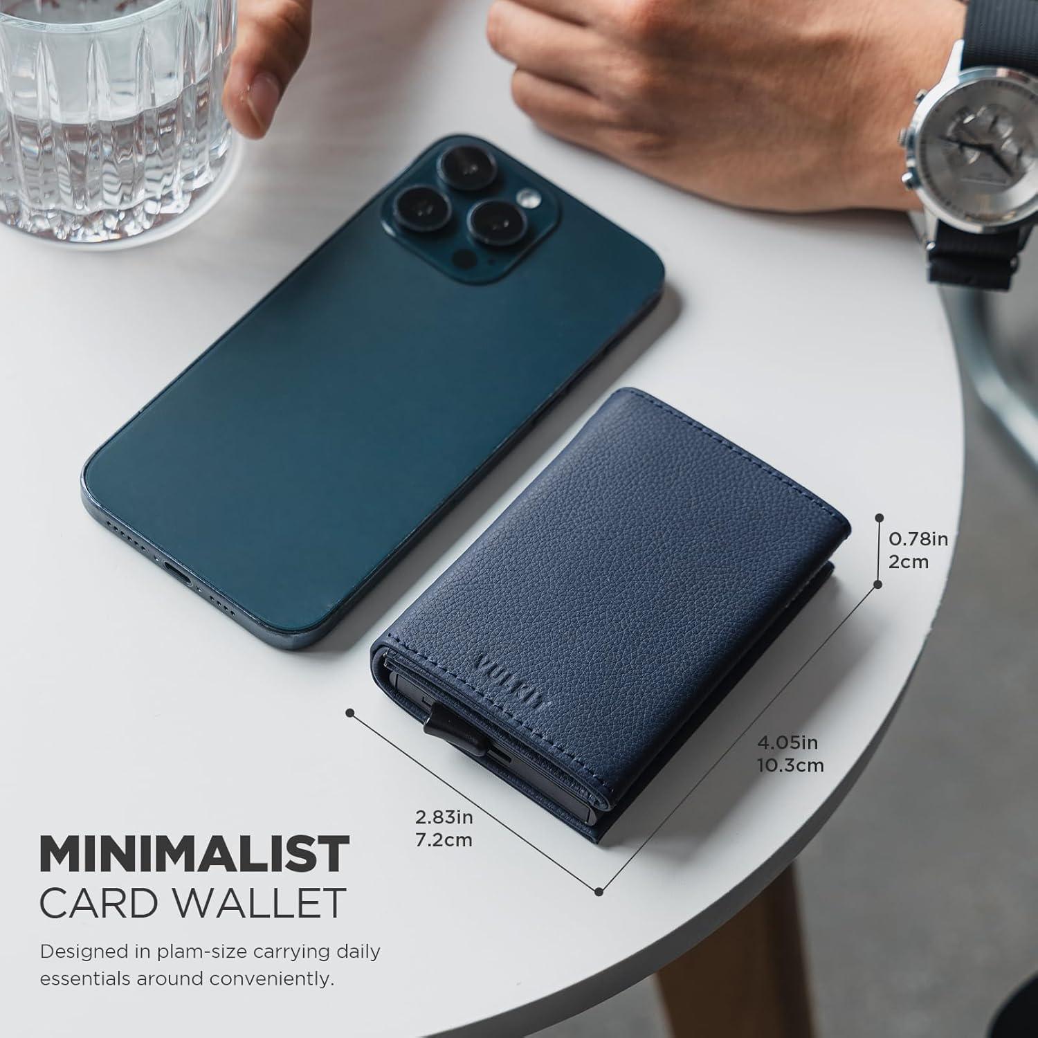 image:imageVULKIT Pop up Card Wallet Minimalist Cash Wallets RFID Blocking Leather Smart Credit Card Holder with ID window for MenTopGrain Cowhide Litchi Navy