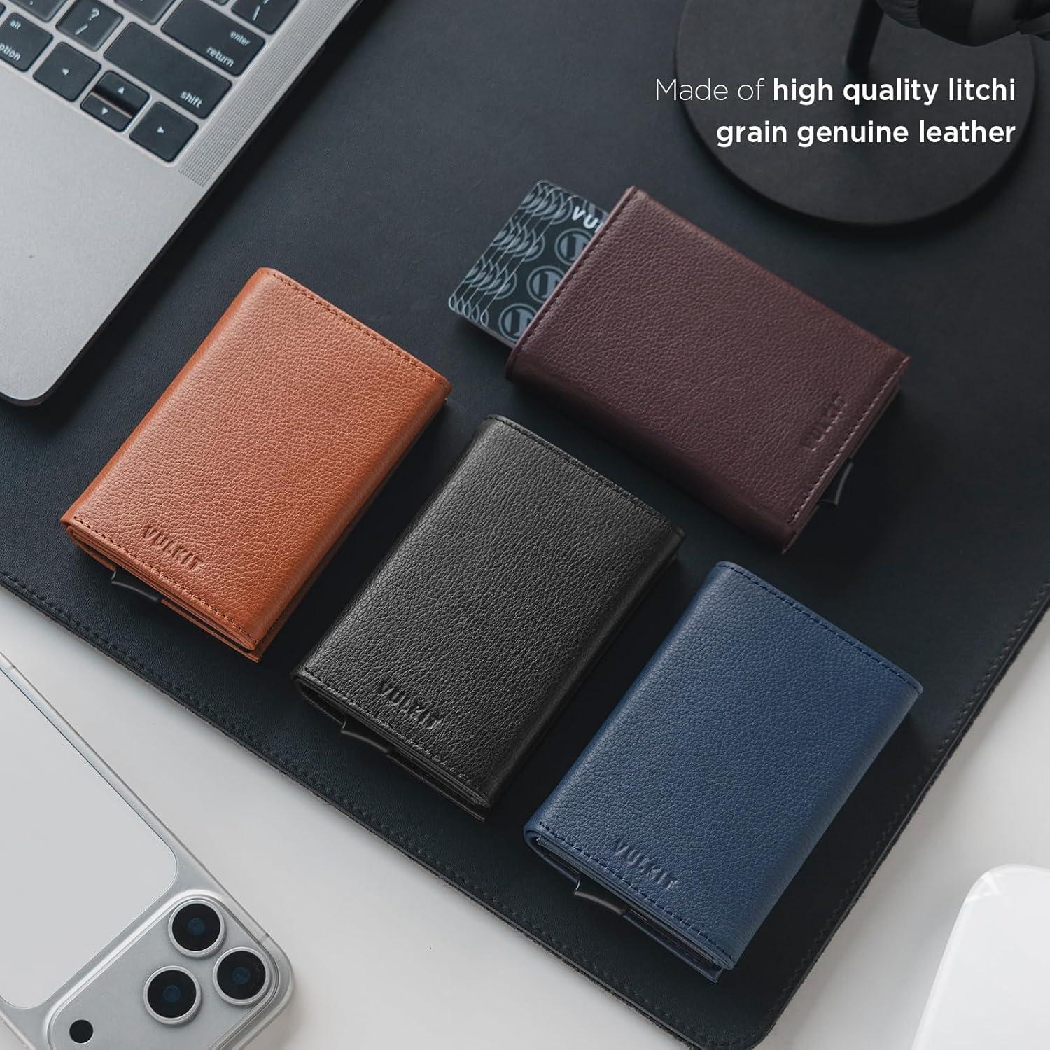 image:imageVULKIT Pop up Card Wallet Minimalist Cash Wallets RFID Blocking Leather Smart Credit Card Holder with ID window for MenTopGrain Cowhide Litchi Navy