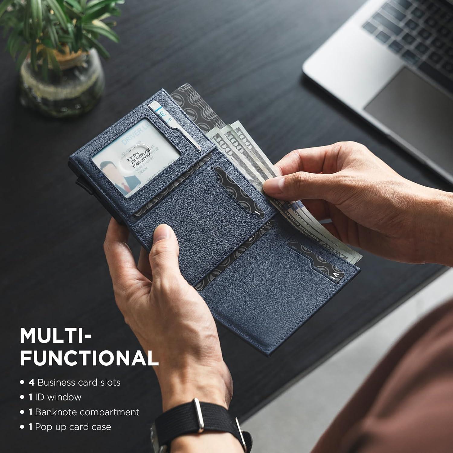 image:imageVULKIT Pop up Card Wallet Minimalist Cash Wallets RFID Blocking Leather Smart Credit Card Holder with ID window for MenTopGrain Cowhide Litchi Navy