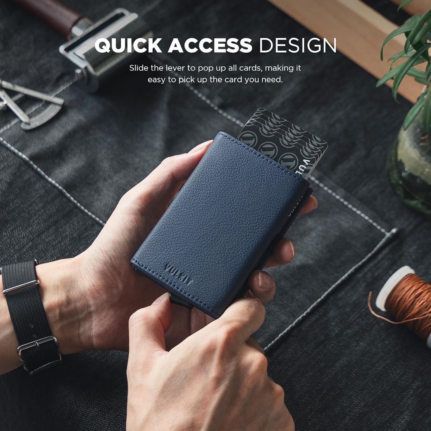 image:imageVULKIT Pop up Card Wallet Minimalist Cash Wallets RFID Blocking Leather Smart Credit Card Holder with ID window for MenTopGrain Cowhide Litchi Navy