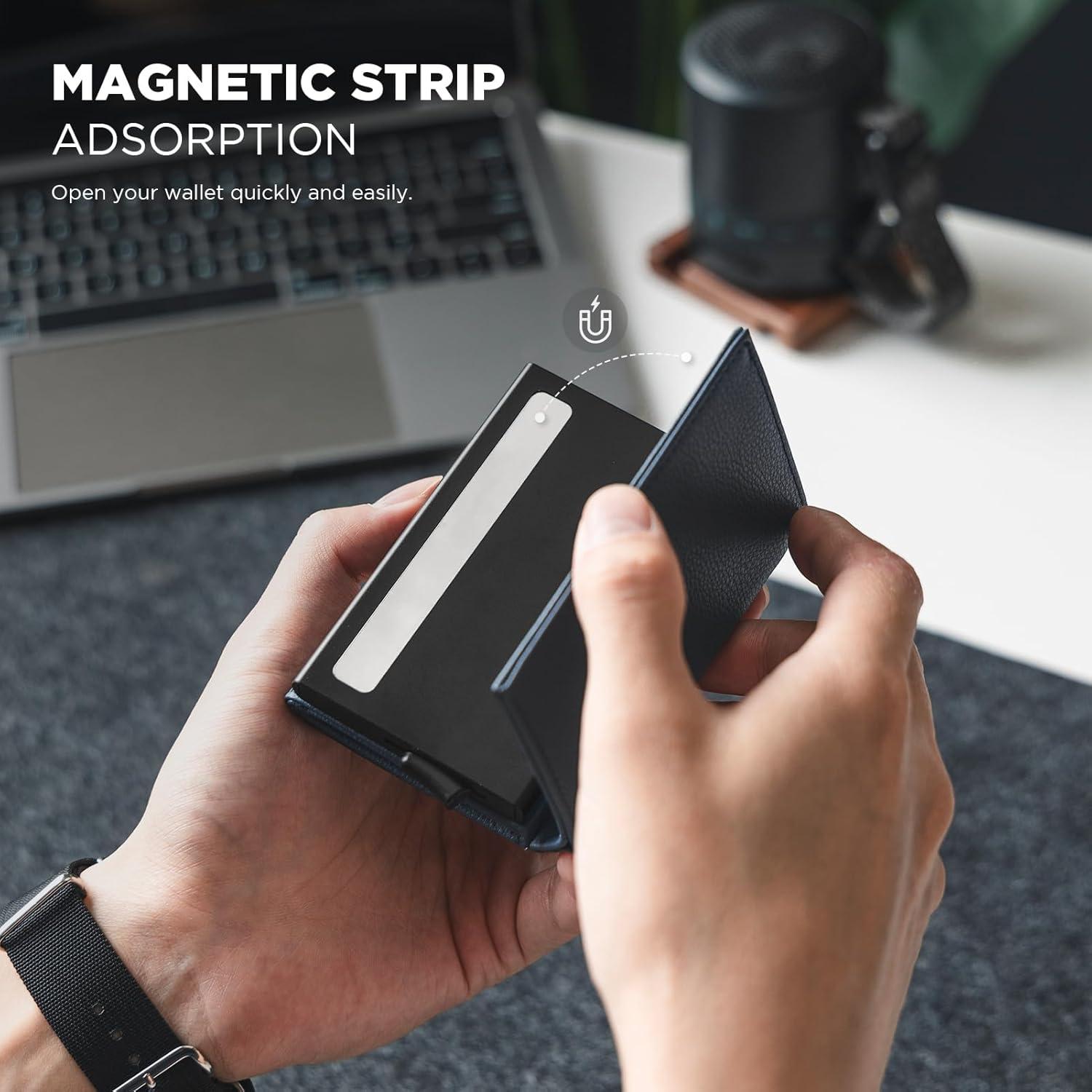 image:imageVULKIT Pop up Card Wallet Minimalist Cash Wallets RFID Blocking Leather Smart Credit Card Holder with ID window for MenTopGrain Cowhide Litchi Navy