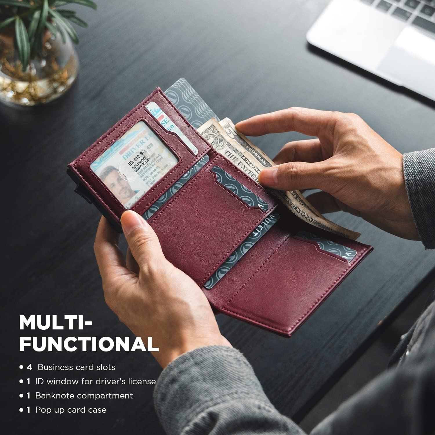 image:imageVULKIT Pop up Card Wallet Minimalist Cash Wallets RFID Blocking Leather Smart Credit Card Holder with ID window for MenWine