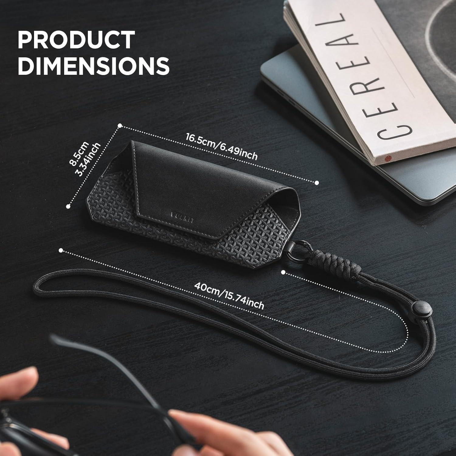 image:imageVULKIT Portable Leather Eye Glasses Case for Women amp Men Slim Sunglass Case Unisex Eyeglass CaseBlack With Lanyard