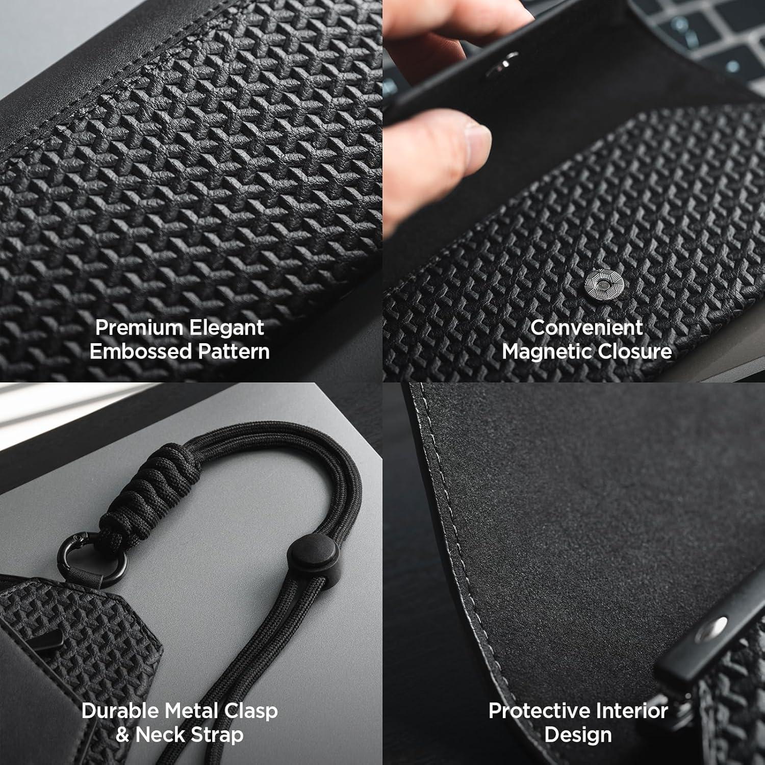 image:imageVULKIT Portable Leather Eye Glasses Case for Women amp Men Slim Sunglass Case Unisex Eyeglass CaseBlack With Lanyard