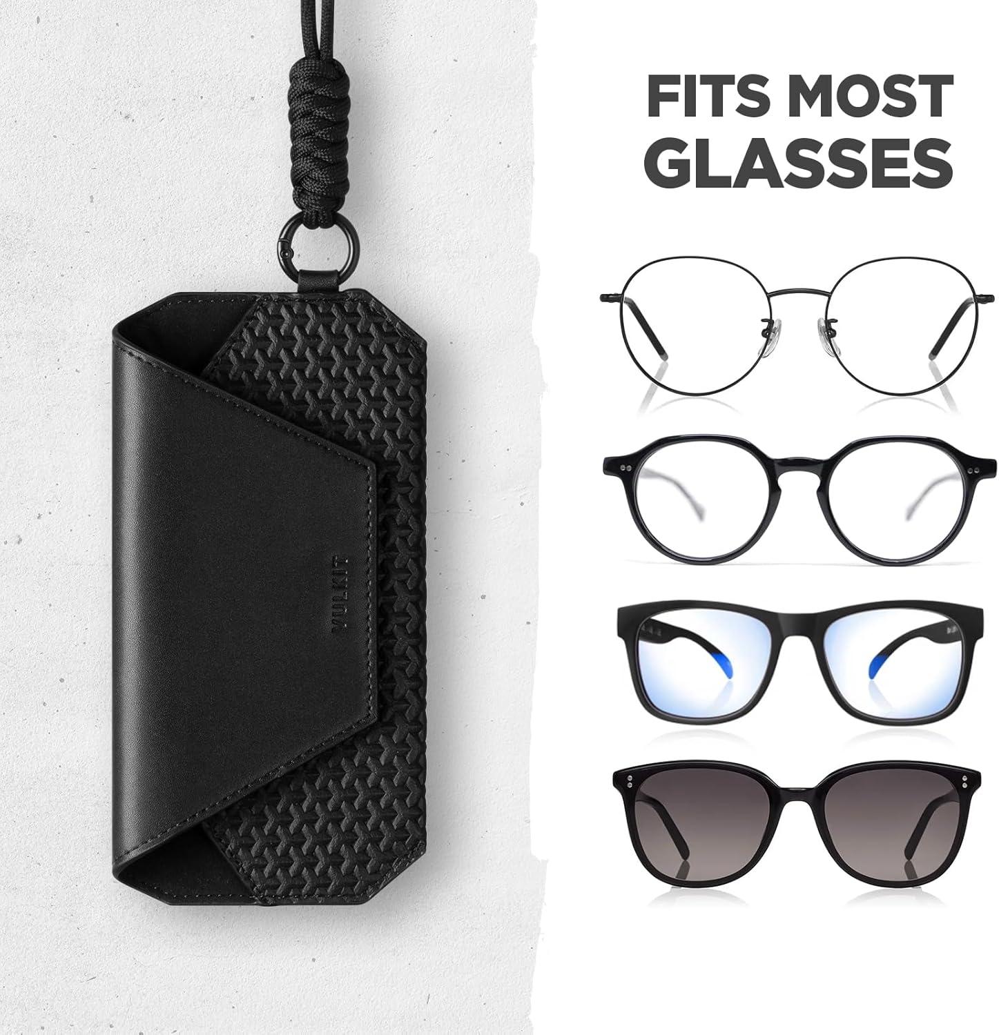 image:imageVULKIT Portable Leather Eye Glasses Case for Women amp Men Slim Sunglass Case Unisex Eyeglass CaseBlack With Lanyard