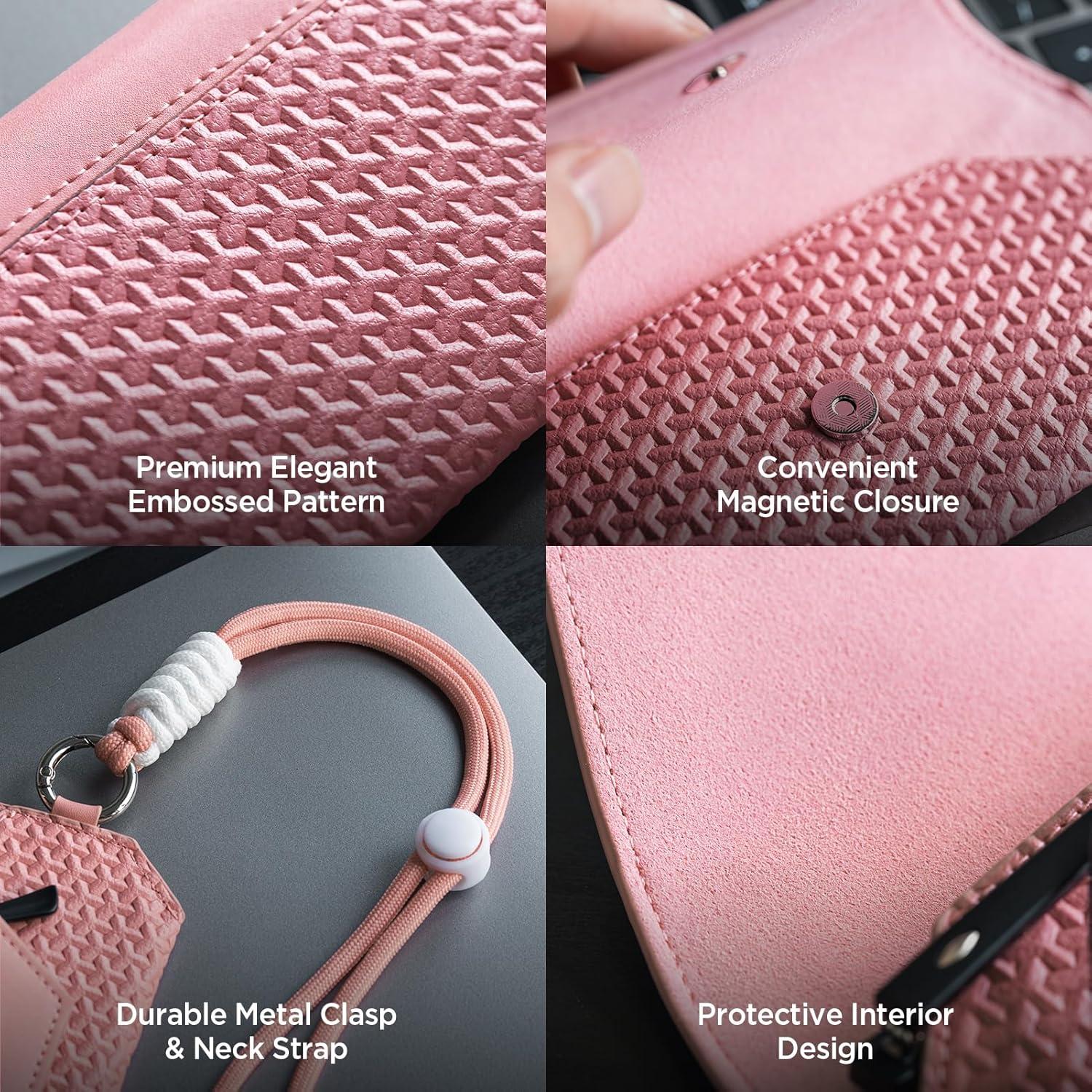 image:imageVULKIT Portable Leather Eye Glasses Case for Women amp Men Slim Sunglass Case Unisex Eyeglass CaseBlush Pink With Lanyard