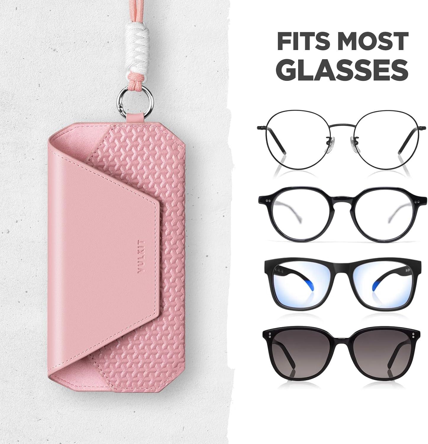 image:imageVULKIT Portable Leather Eye Glasses Case for Women amp Men Slim Sunglass Case Unisex Eyeglass CaseBlush Pink With Lanyard