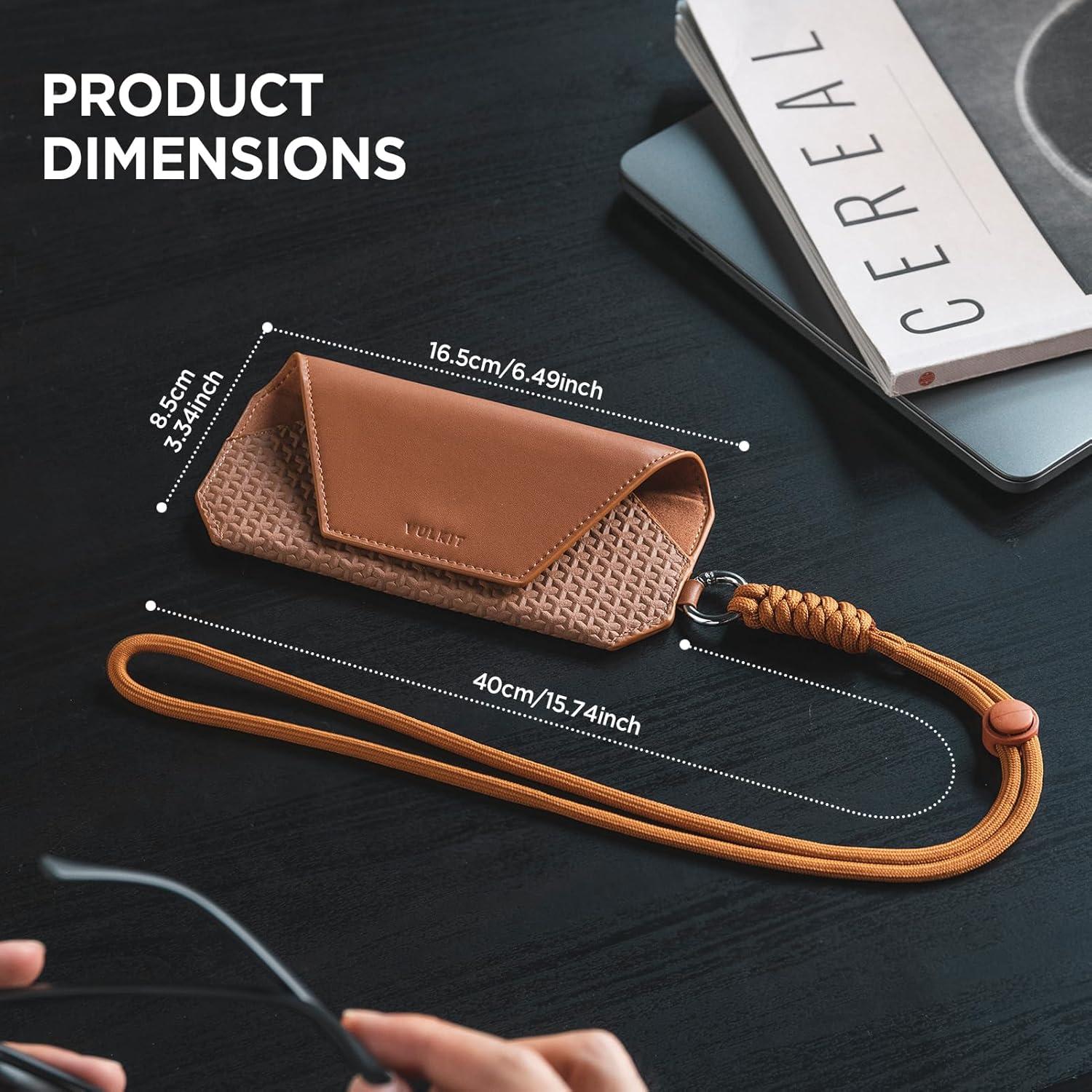 image:imageVULKIT Portable Leather Eye Glasses Case for Women amp Men Slim Sunglass Case Unisex Eyeglass CaseBrown With Lanyard