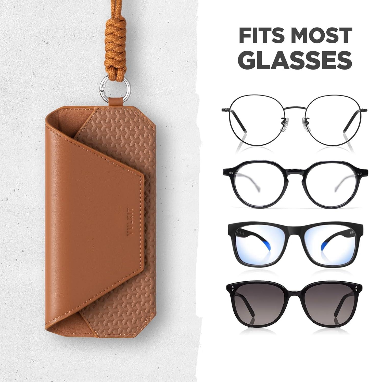image:imageVULKIT Portable Leather Eye Glasses Case for Women amp Men Slim Sunglass Case Unisex Eyeglass CaseBrown With Lanyard
