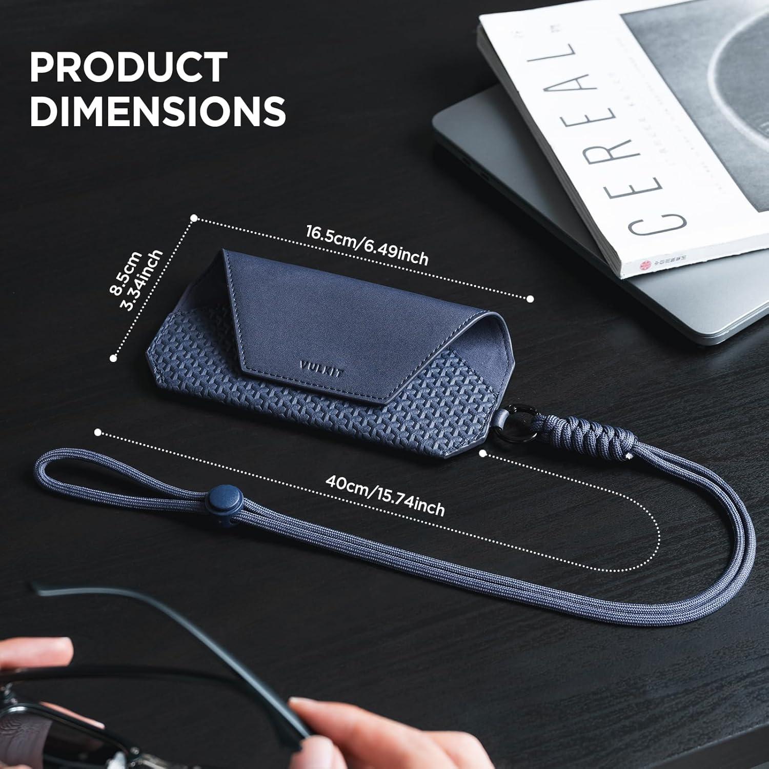image:imageVULKIT Portable Leather Eye Glasses Case for Women amp Men Slim Sunglass Case Unisex Eyeglass CaseInk Navy With Lanyard