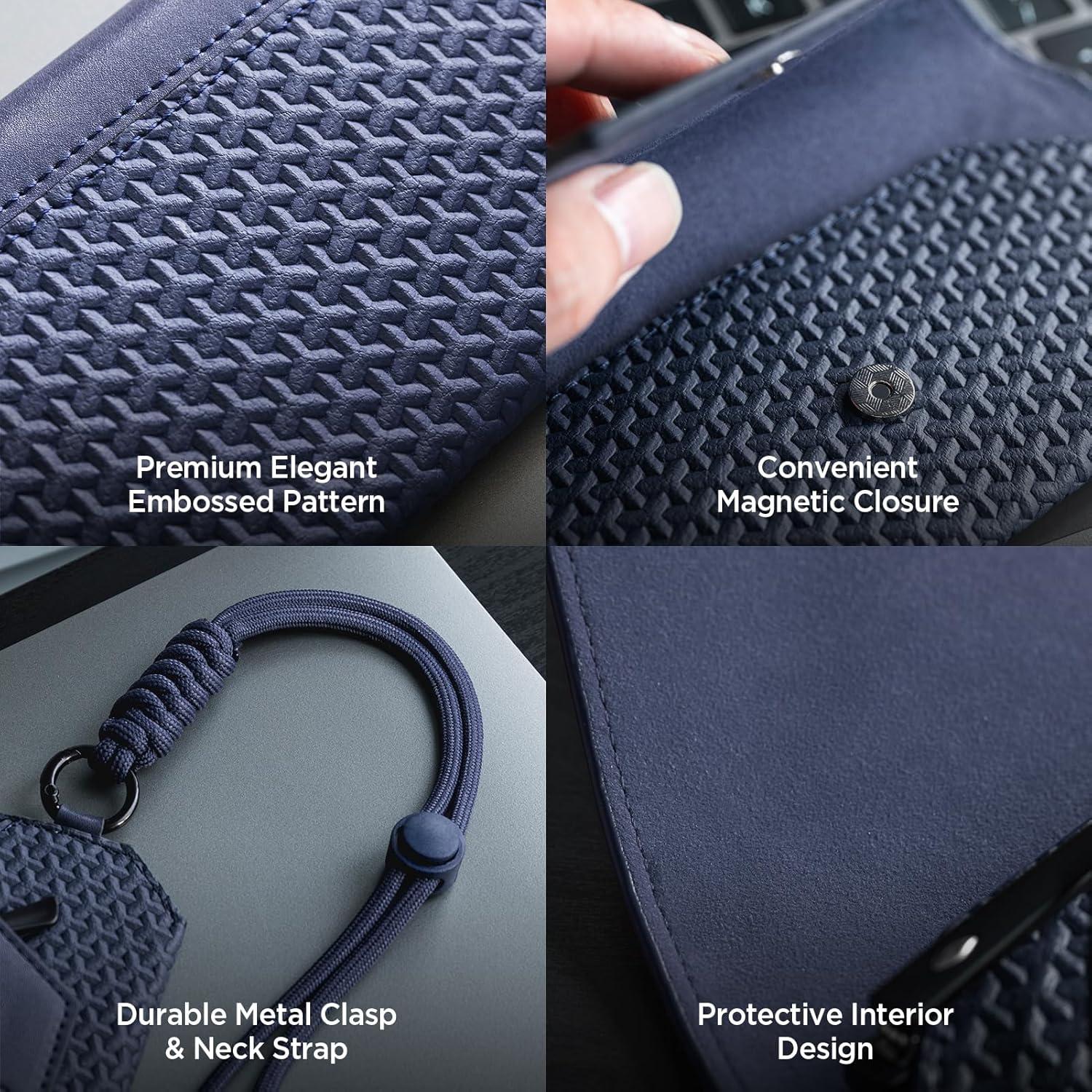 image:imageVULKIT Portable Leather Eye Glasses Case for Women amp Men Slim Sunglass Case Unisex Eyeglass CaseInk Navy With Lanyard